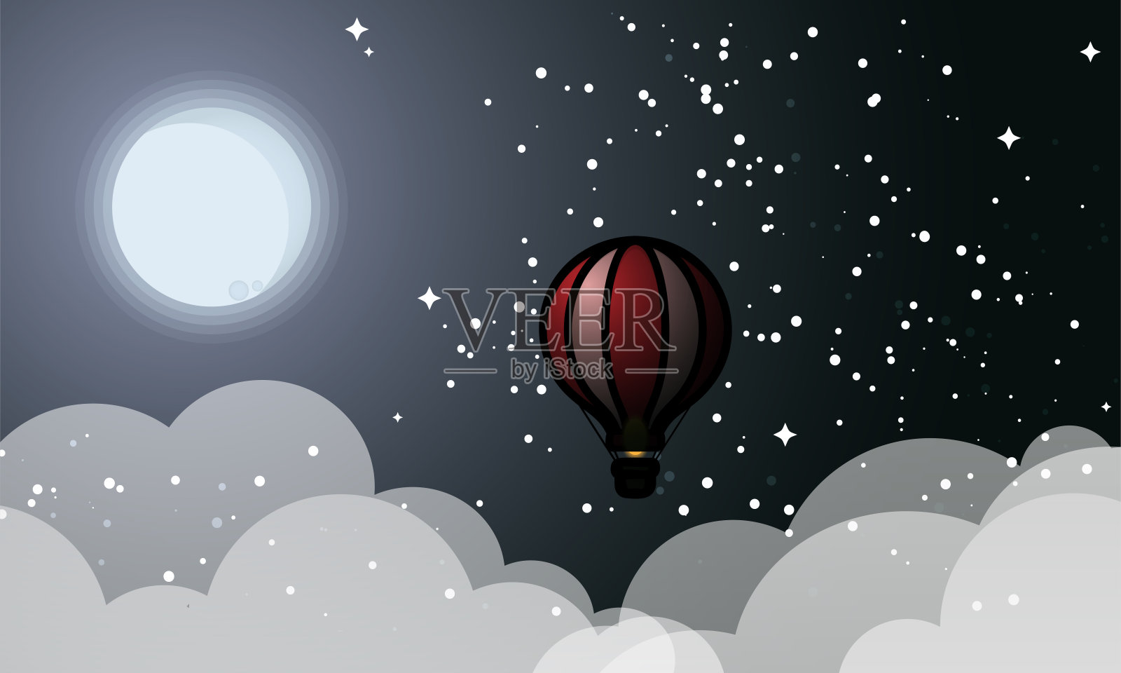 热气球漂浮在圆月、星星和白云背景的夜空中。概念旅行社，动机，冒险，发现，旅程，冒险。矢量插图。插画图片素材
