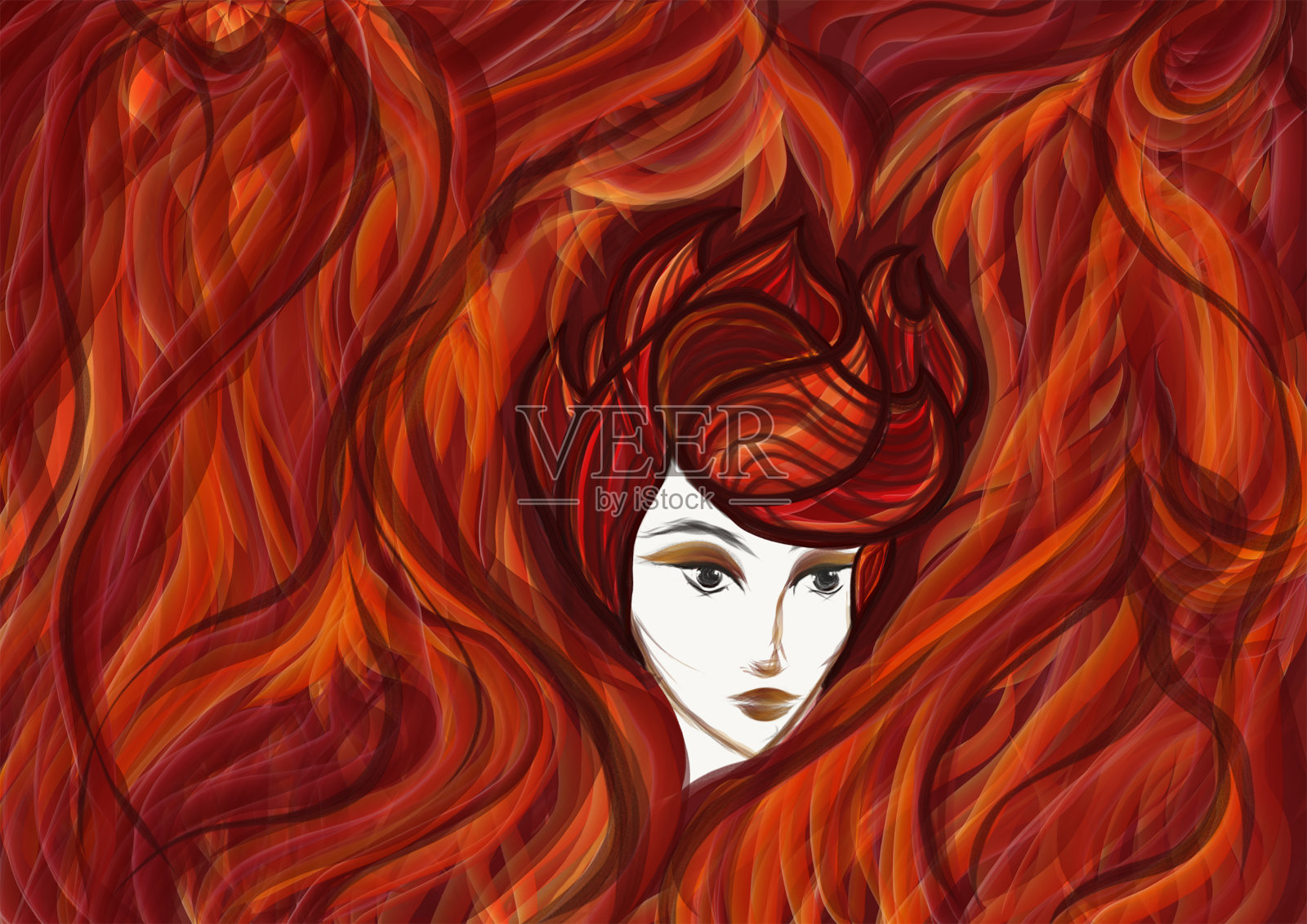一个被火焰包围的红发女人的肖像插画图片素材
