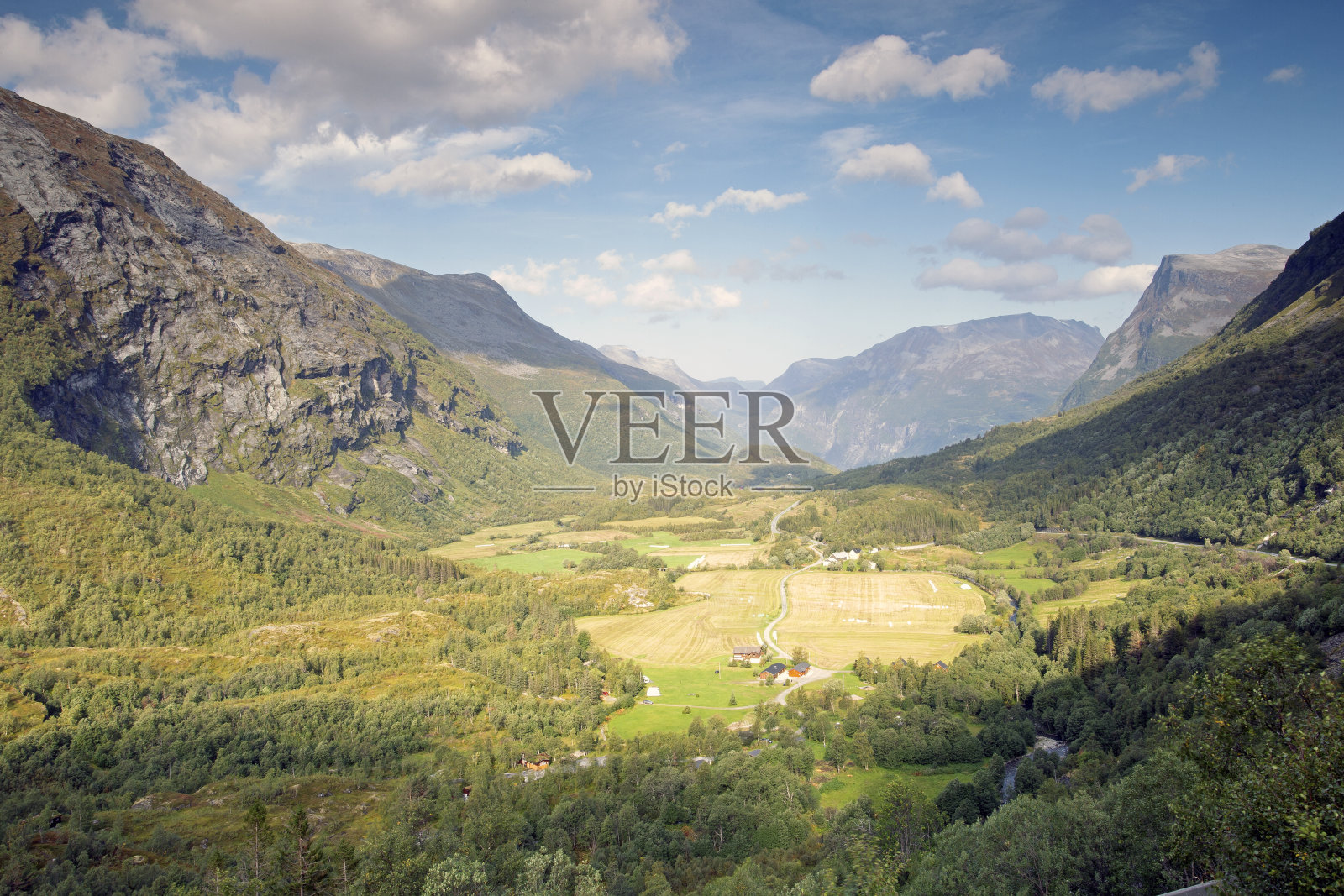 美丽的俯视图，在挪威的夏季山景观蓝色的天空，山脉和峡湾照片摄影图片