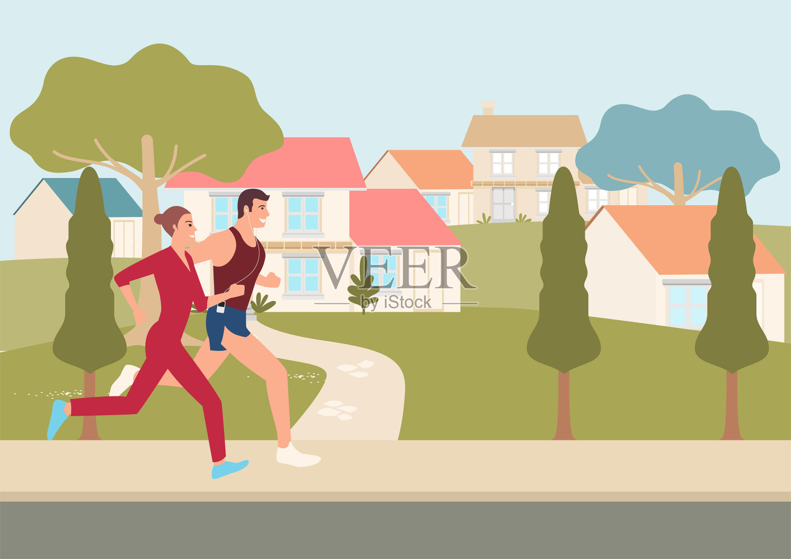 一对夫妇在附近的户外慢跑和跑步插画图片素材