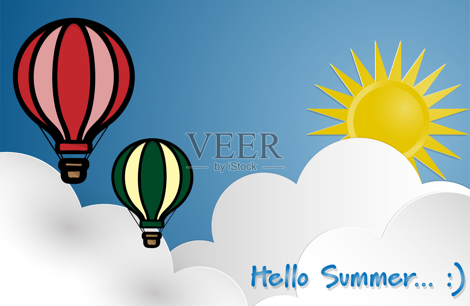 热气球漂浮在蓝天和白云的背景和你好夏天的文字。平面设计。概念旅行社，动机，冒险，发现，旅程，冒险。插画图片素材