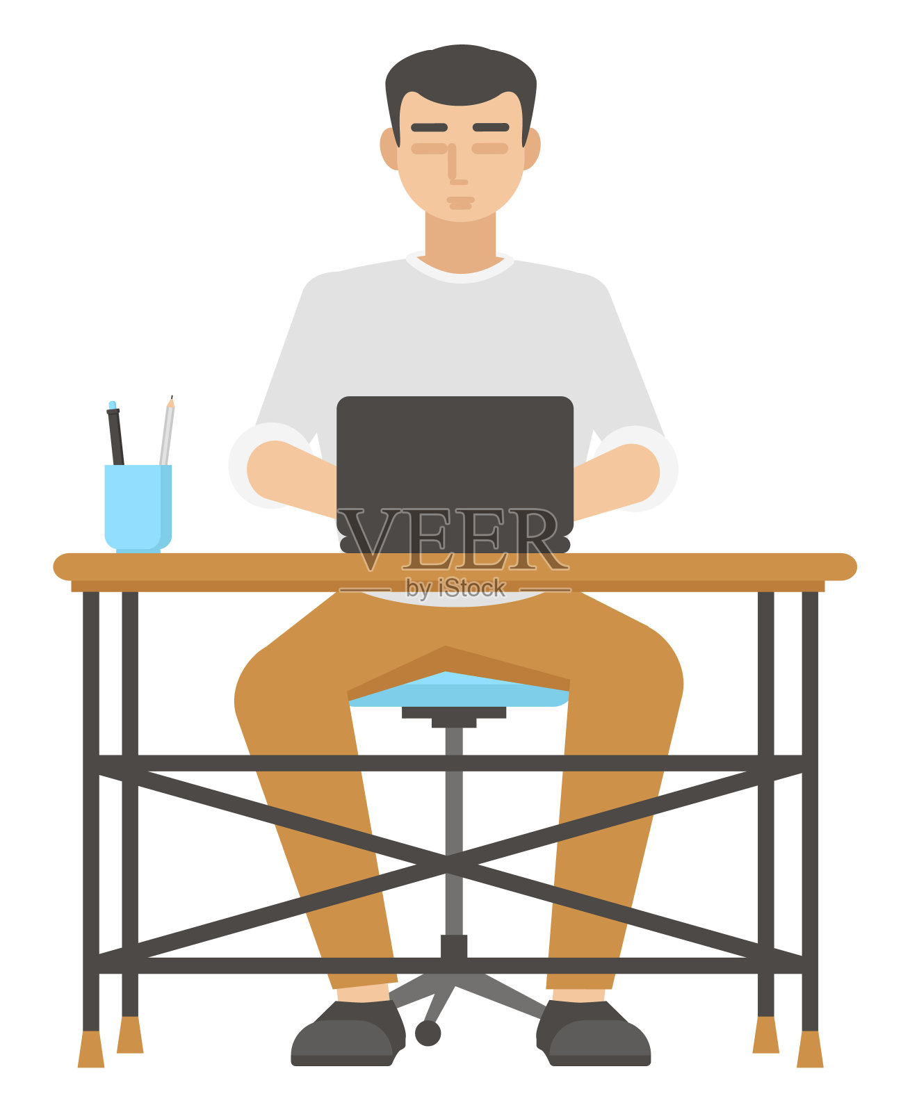 一名男子正坐在桌子前用笔记本电脑工作。学生。设计元素图片