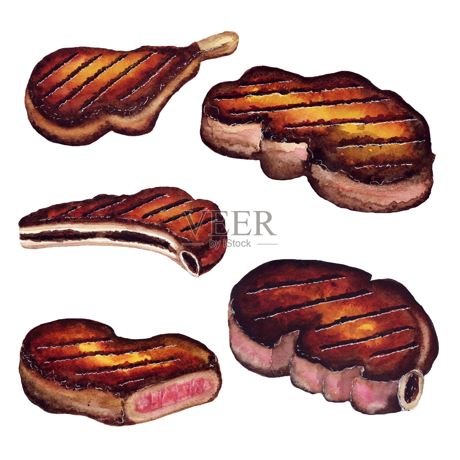 牛排多汁的肉烤烧烤-水彩素描插画图片素材