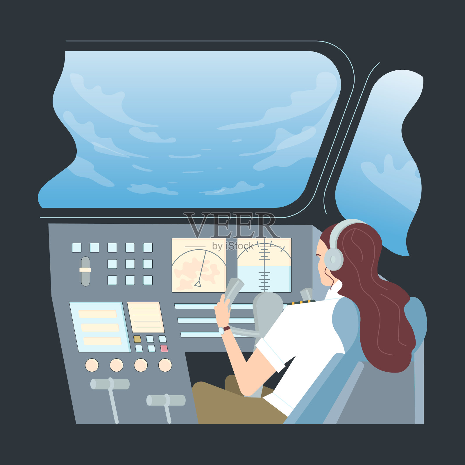 女飞行员在飞机驾驶舱插画图片素材