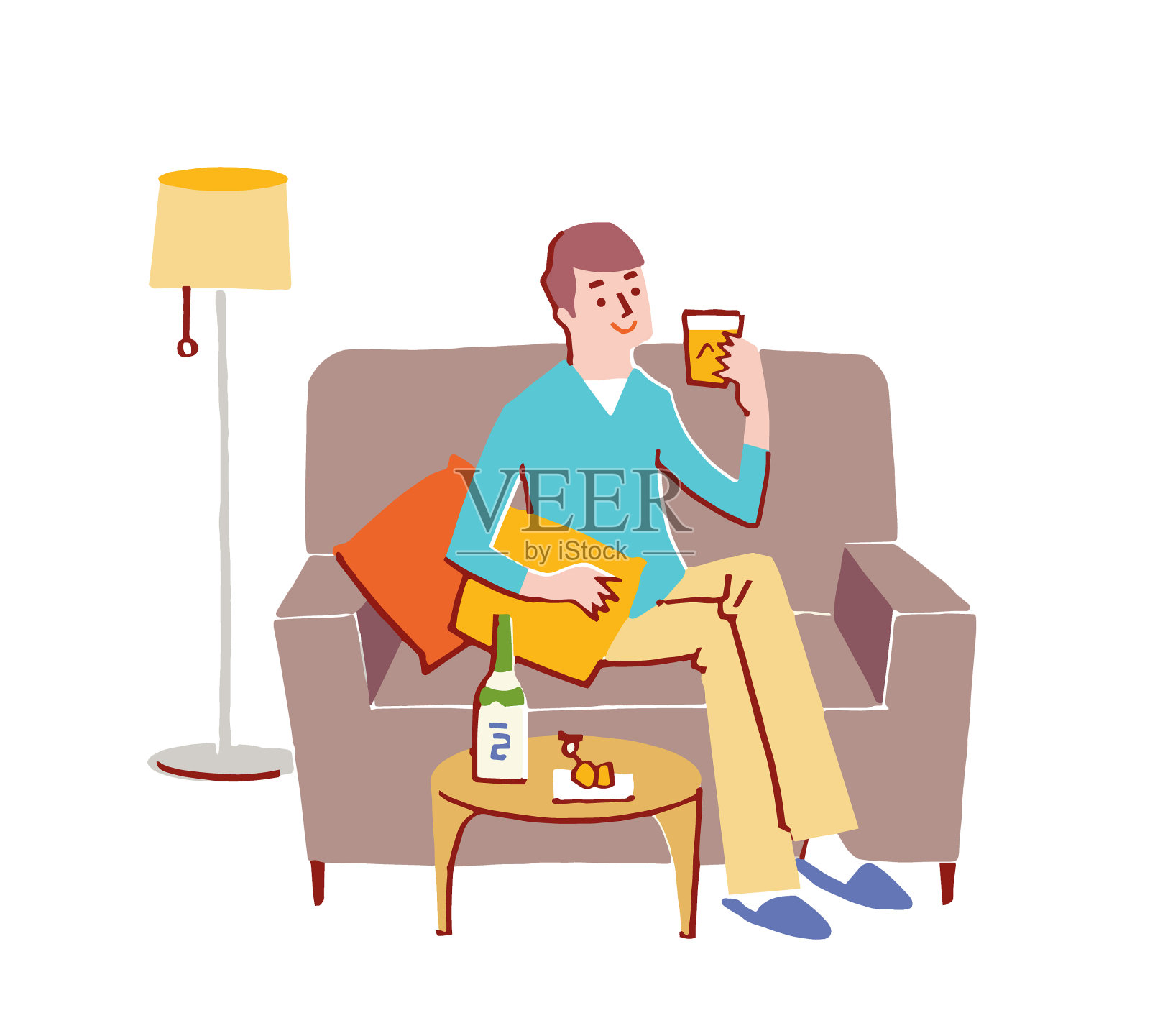 一个男人在沙发上休息的时候喝酒插画图片素材