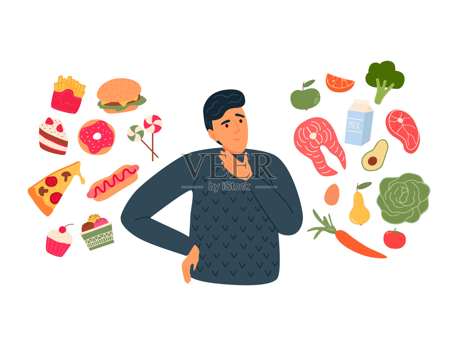 一个人在快餐和健康、活泼的食物之间选择。饮食的概念。平面向量插图。插画图片素材