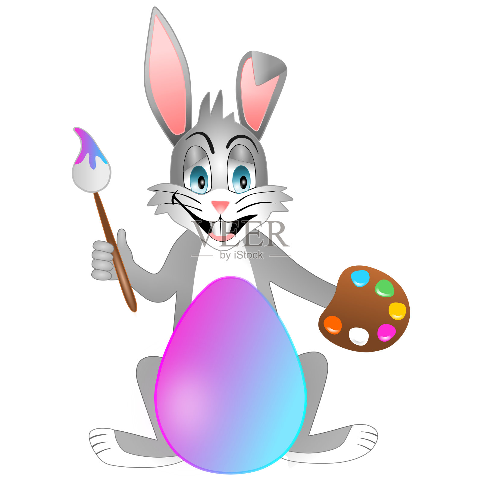 孤立的复活节兔子。正在画复活节彩蛋的兔子插画图片素材