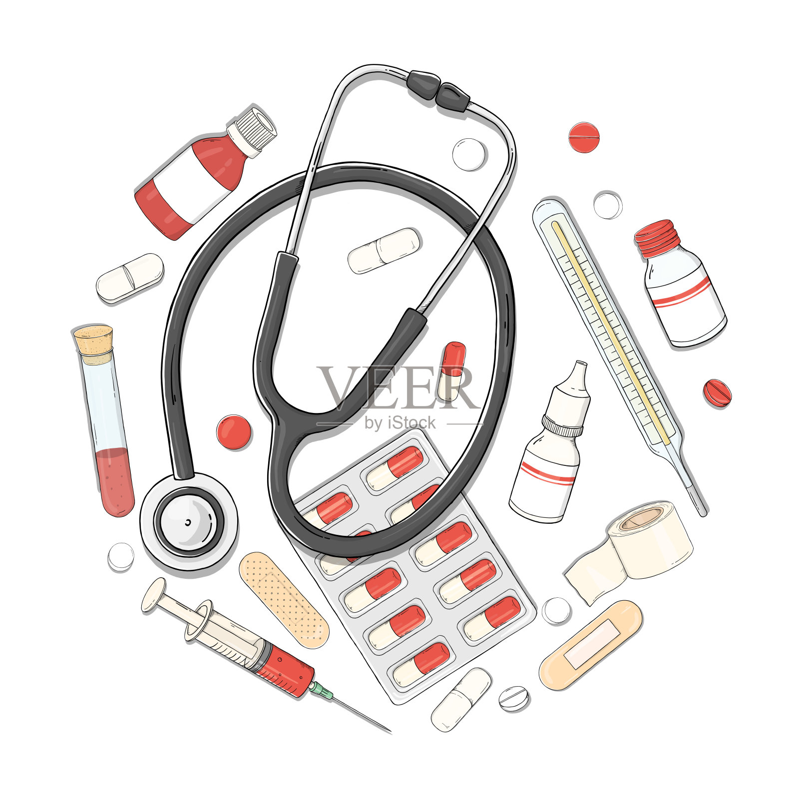 健康主题海报。配有听诊器，药品和药片排成一个圆圈。插画图片素材