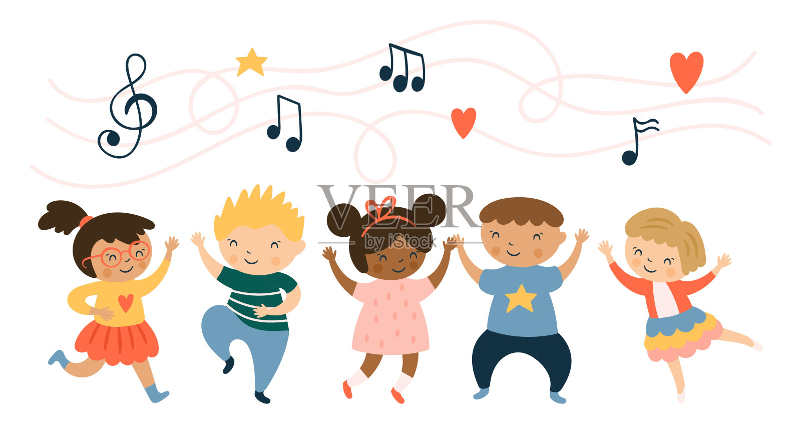 可爱的儿童角色跳舞和享受音乐。用于卡片、贴纸和派对请柬的幼稚图案。插画图片素材