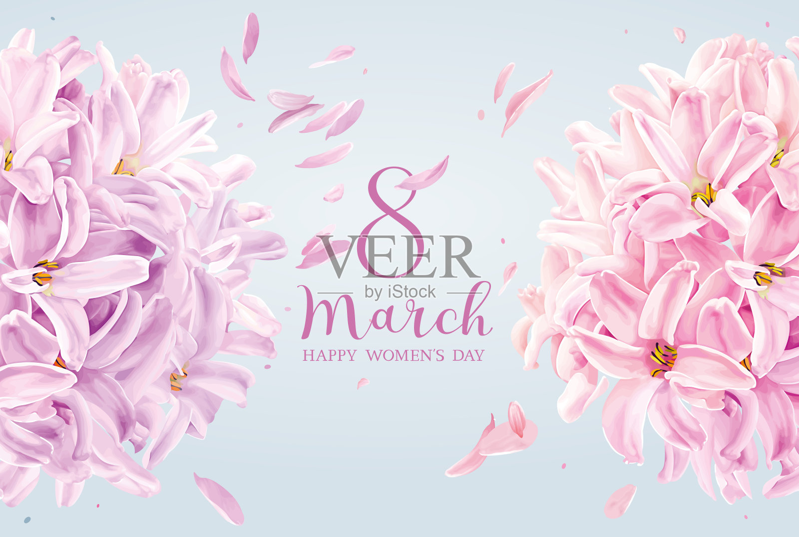 丁香和粉红色的风信子花和白色的绣球花为3月8日矢量贺卡插画图片素材