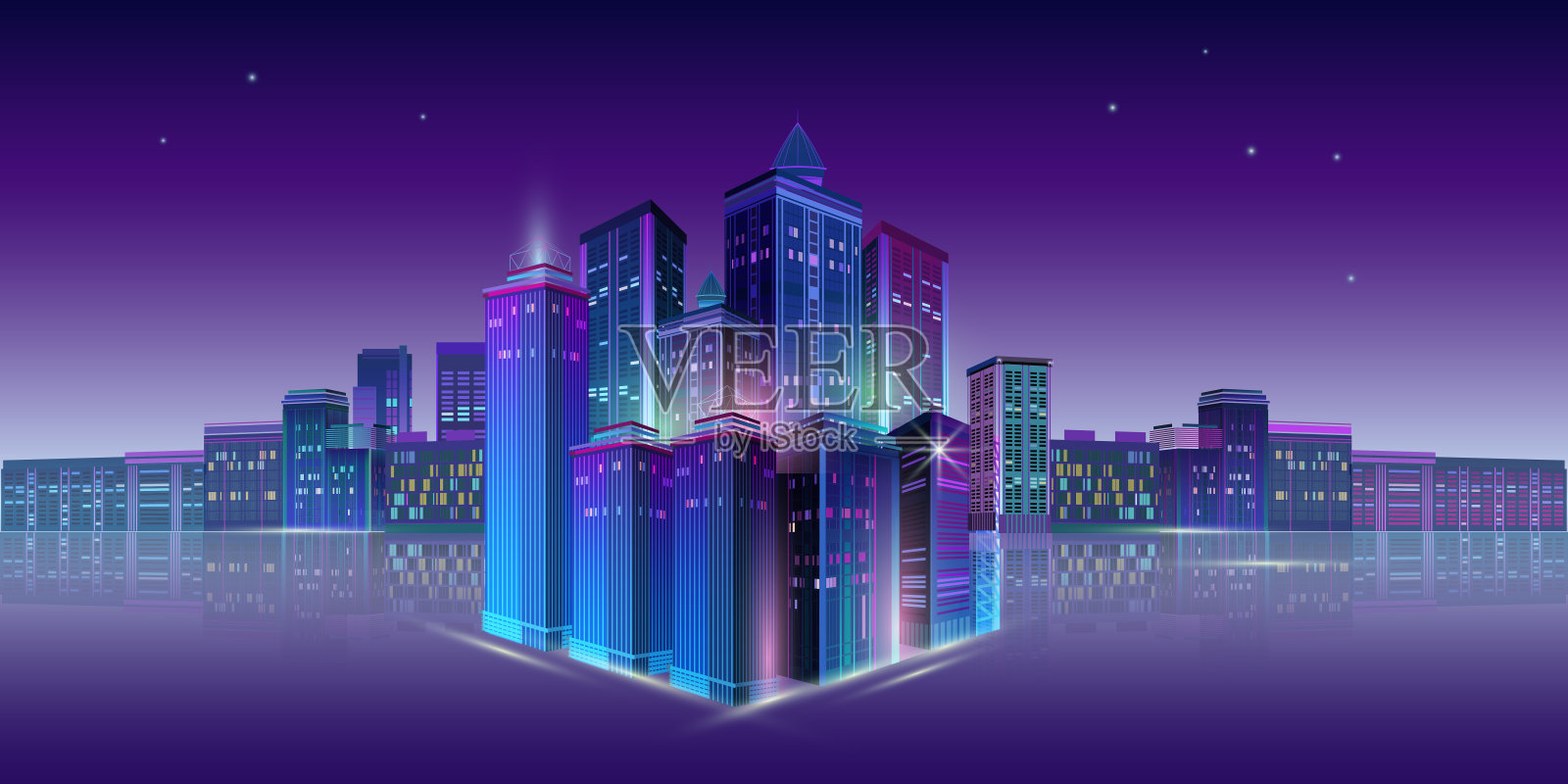 霓虹闪烁的城市夜景。矢量插图。插画图片素材