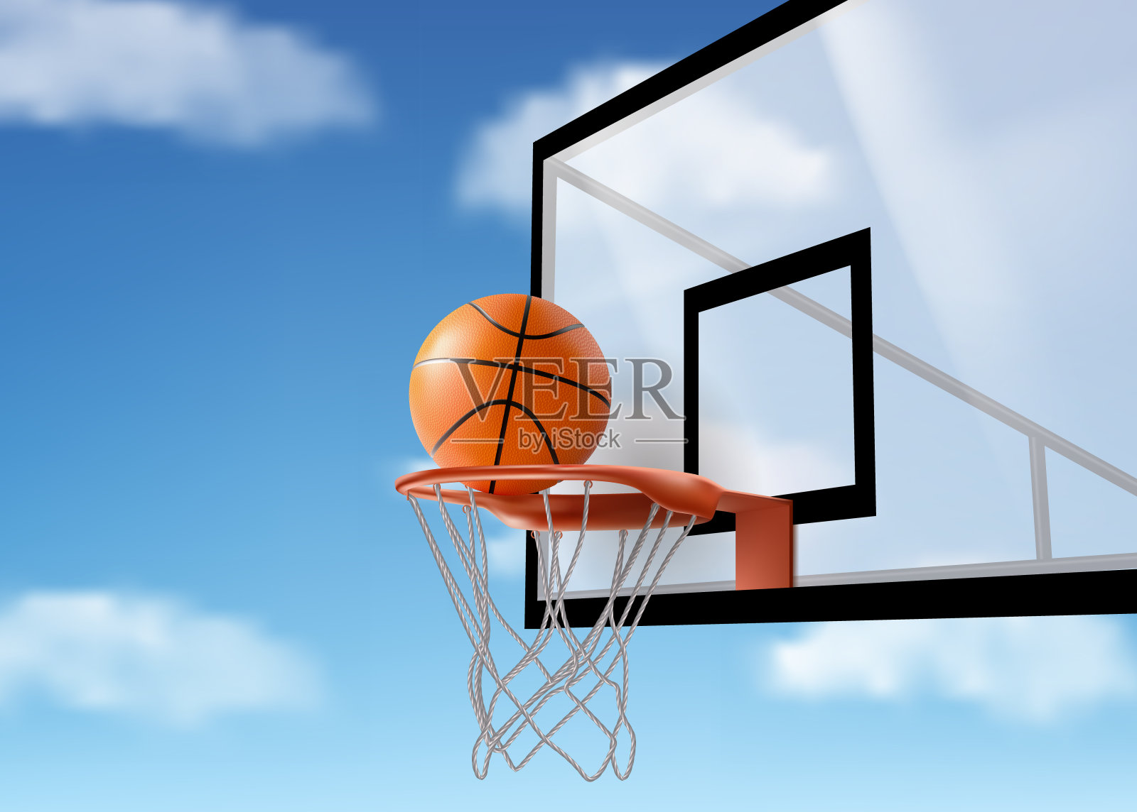 在篮板处落入环网的篮球插画图片素材