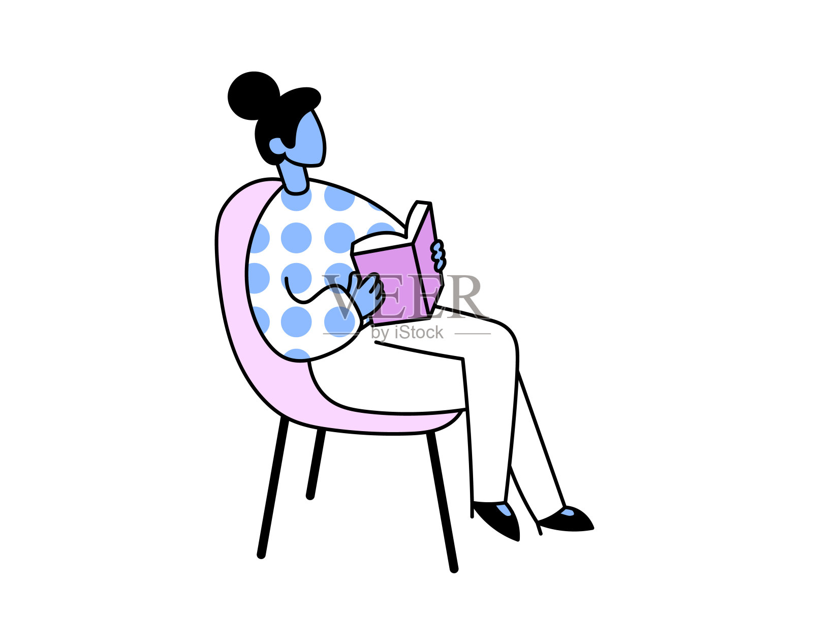 一个女人坐在椅子上看书。平面向量插图。孤立在白色背景上。设计元素图片