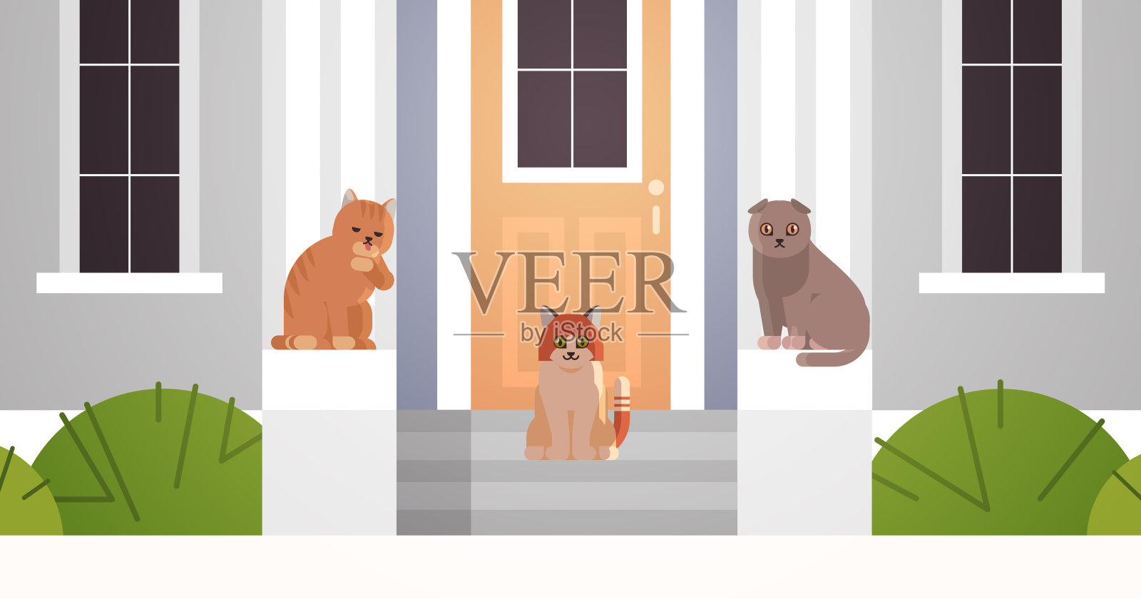 猫群坐在家门口的门廊上，毛茸茸的可爱的卡通动物家猫家宠物概念建筑特写正面平水平插画图片素材