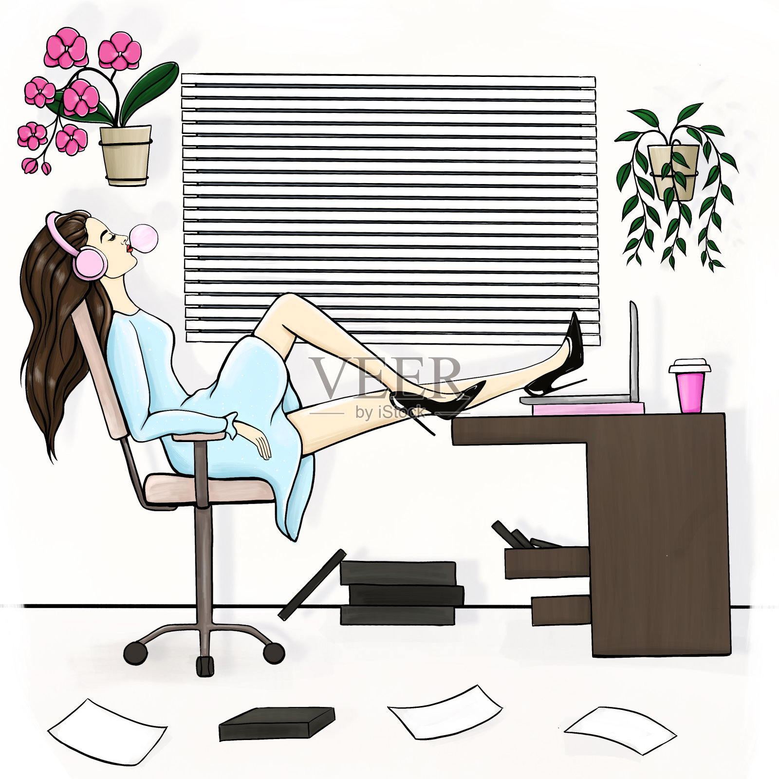 办公室里的年轻女子正在休息插画图片素材