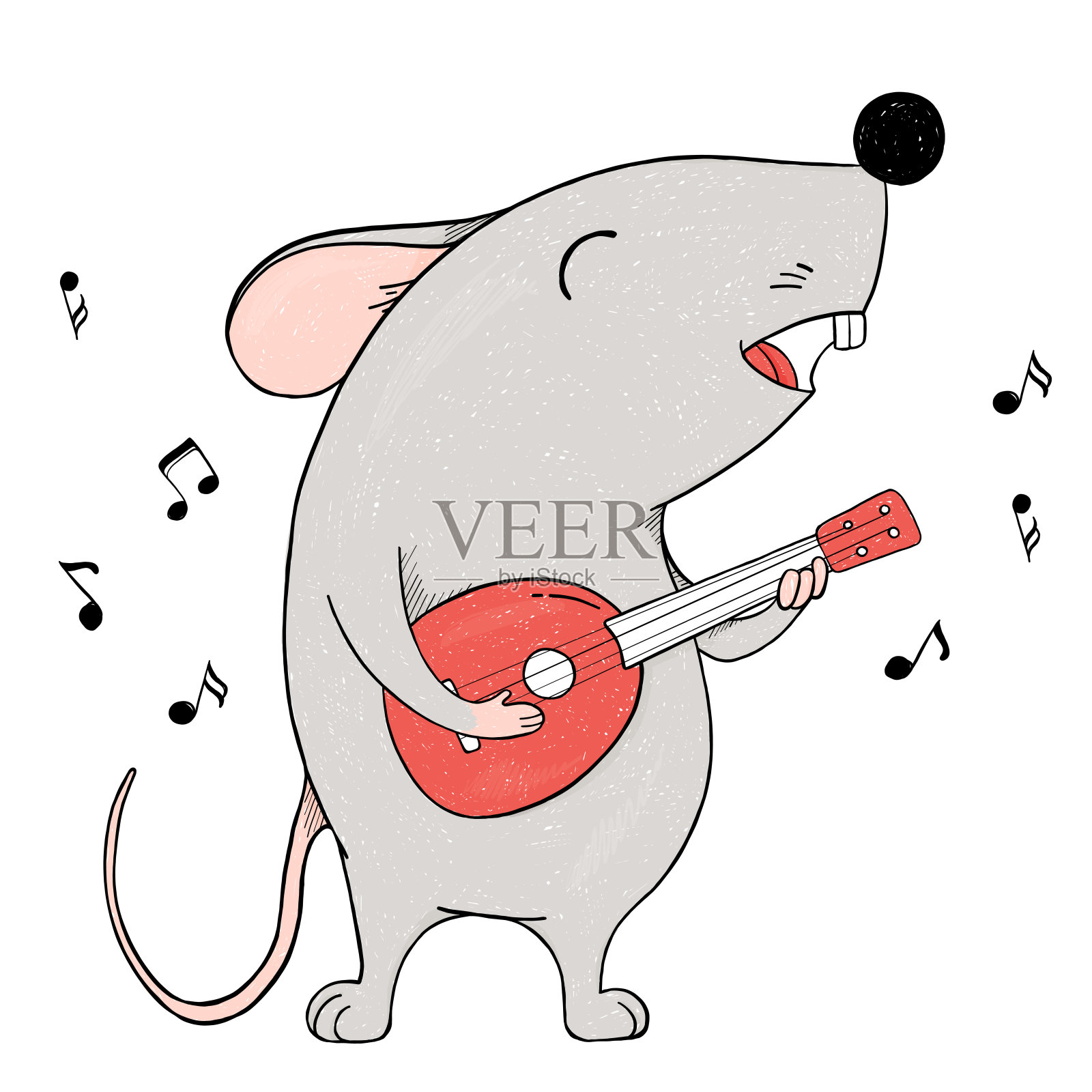 可爱的小老鼠用红色的吉他在白色的背景上唱歌。插画图片素材