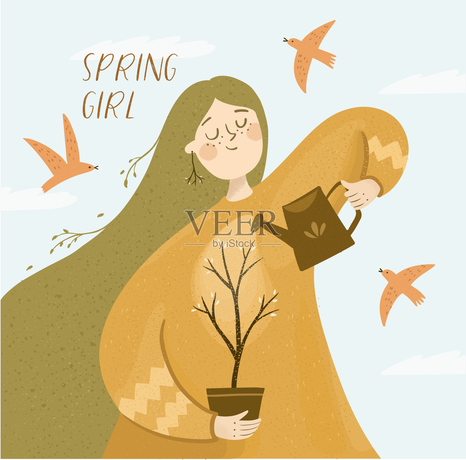 可爱的春天女孩的性格。矢量插图的快乐女孩与浇壶浇树在花盆。春天，树和花开花落，鸟飞。用于卡片、明信片或海报的人物图画插画图片素材