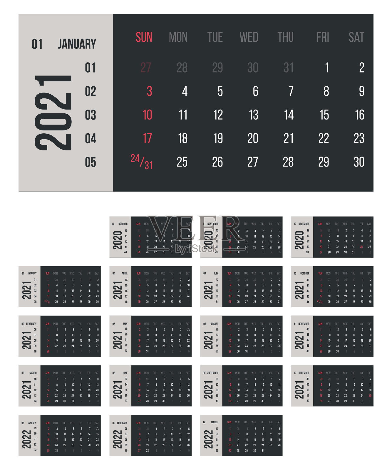 日历为2021年矢量插图。基本网格多彩的设计。组织者模板在黑色，灰色和红色的颜色。业务策划，组织者布局。设计模板素材