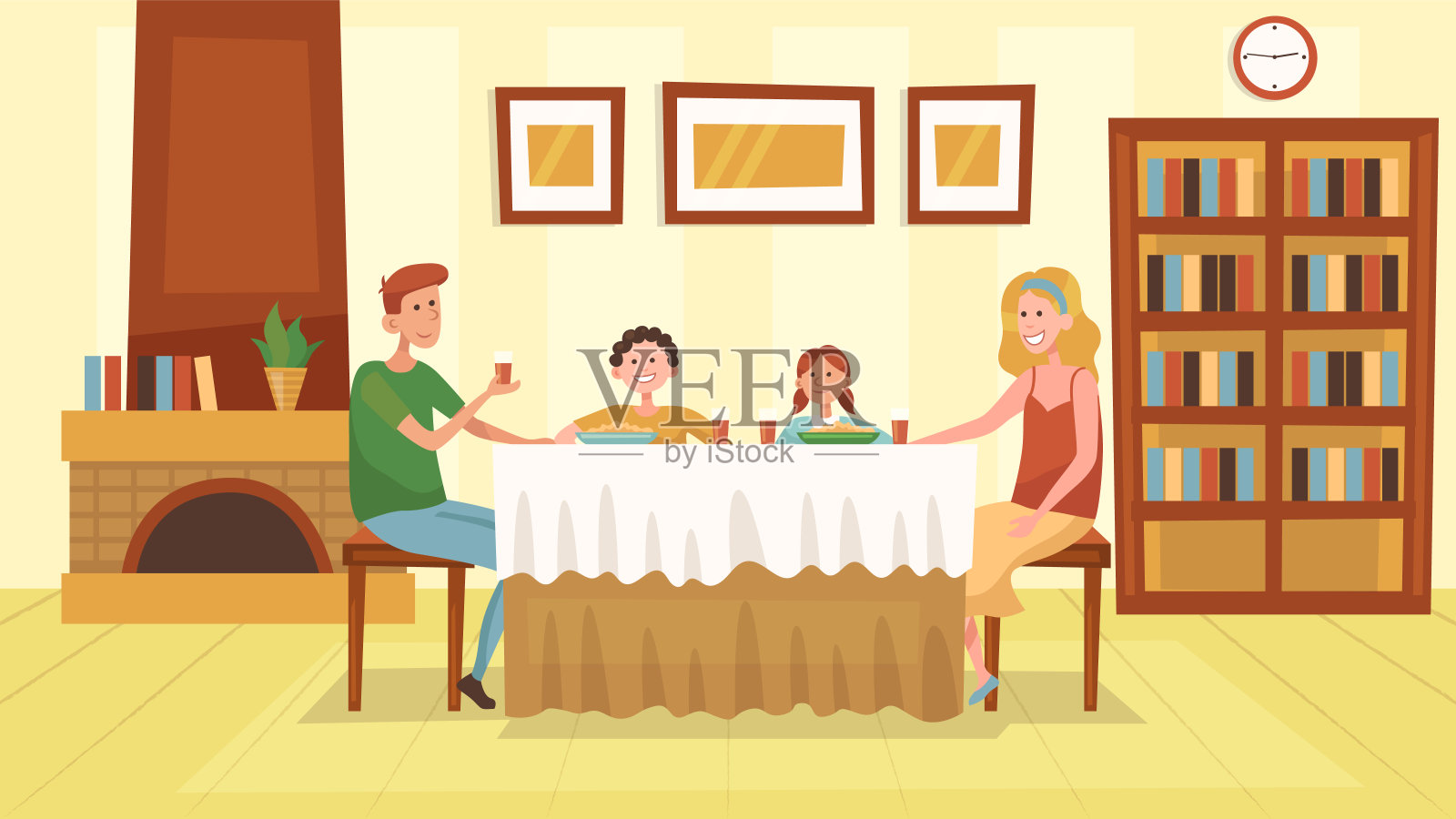 家庭时间的概念。一家人在壁炉附近的客厅里一起吃晚餐。人们在交流，玩得开心，花时间在一起。卡通平的风格。矢量图插画图片素材