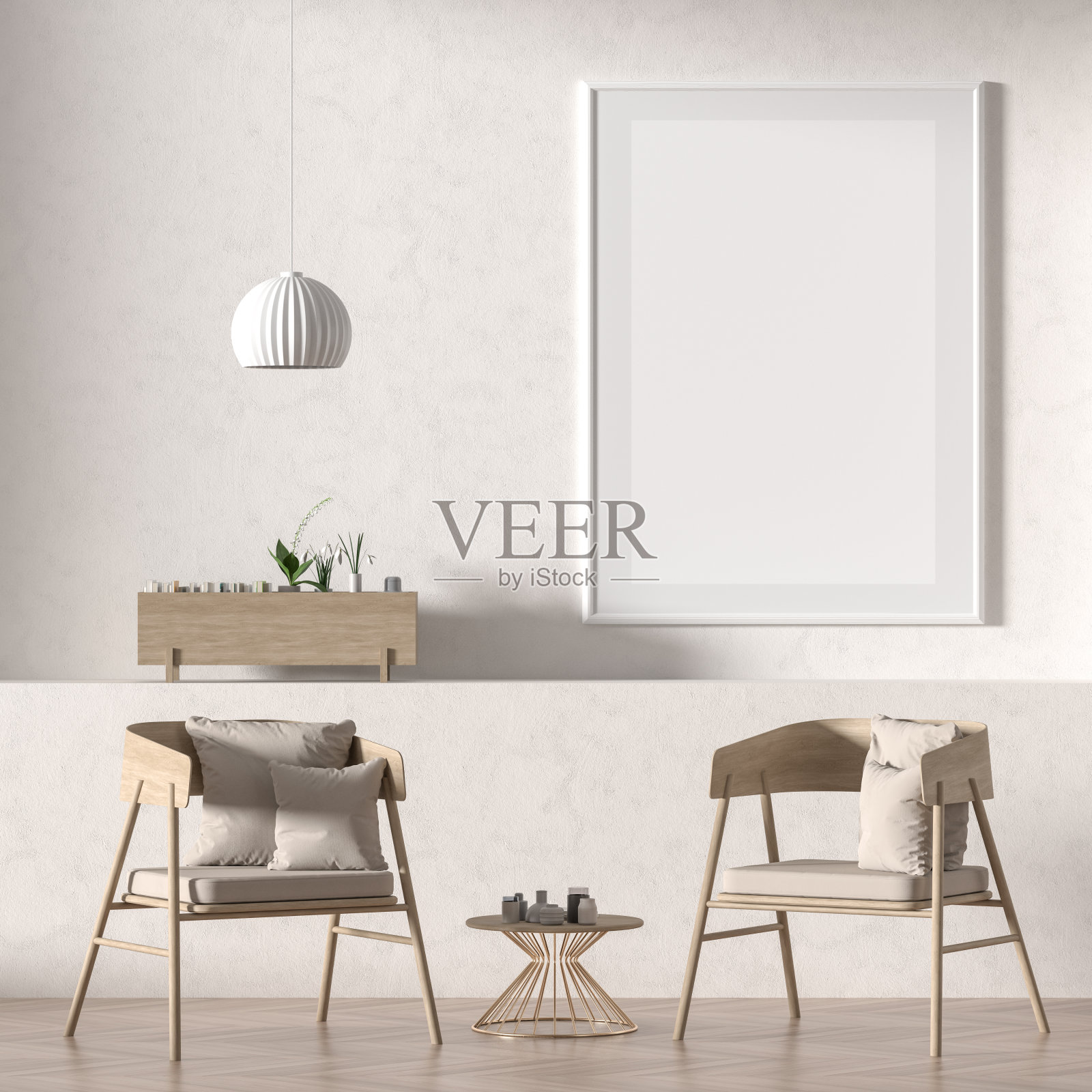 模拟海报框架在斯堪的纳维亚风格的室内与木制家具。简约的室内设计。3 d演示。照片摄影图片