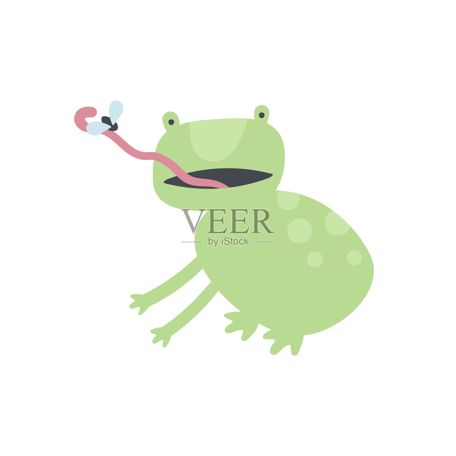 矢量斯堪的纳维亚动物角色插图。五颜六色的童稚可爱的跳蛙，用舌头捉住和吃苍蝇孤立在白色的背景上。设计儿童用品装饰，印刷，网络背景设计元素图片