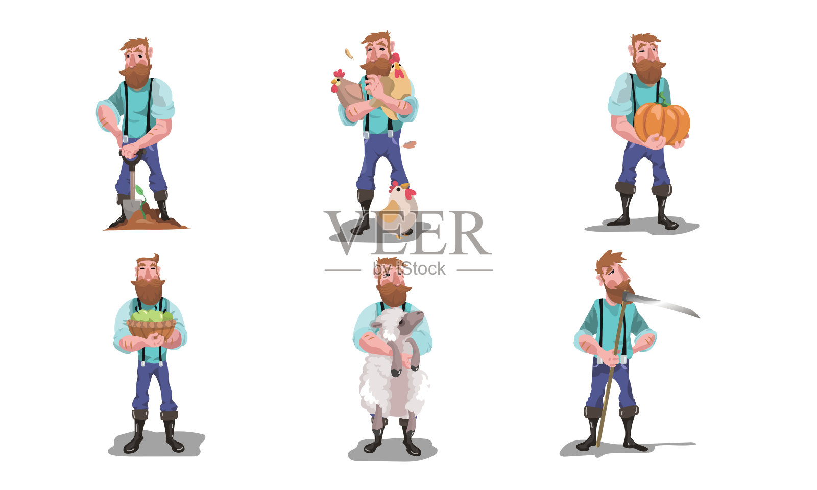 成年男子农民与动物，生产和工具矢量插图插画图片素材