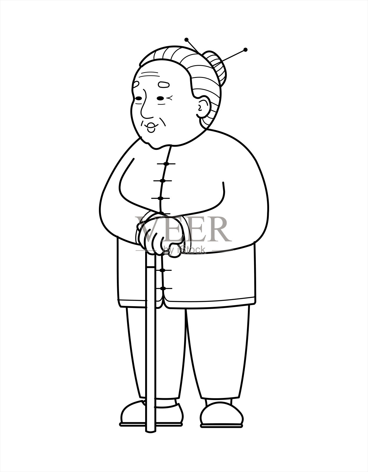 亚洲人，中国人，韩国人，蒙古人，越南老妇人用手杖。穿着长裤的老年妇女，老年人的概念。头巾。孤立在一个白色的背景。插画图片素材
