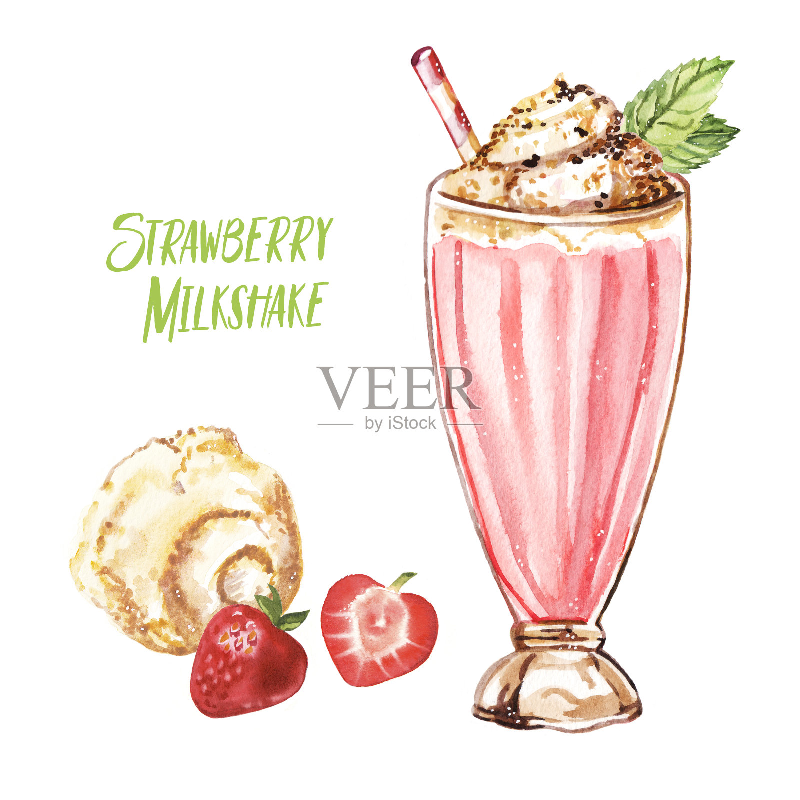 手绘水彩美味的夏季草莓奶昔插图插画图片素材