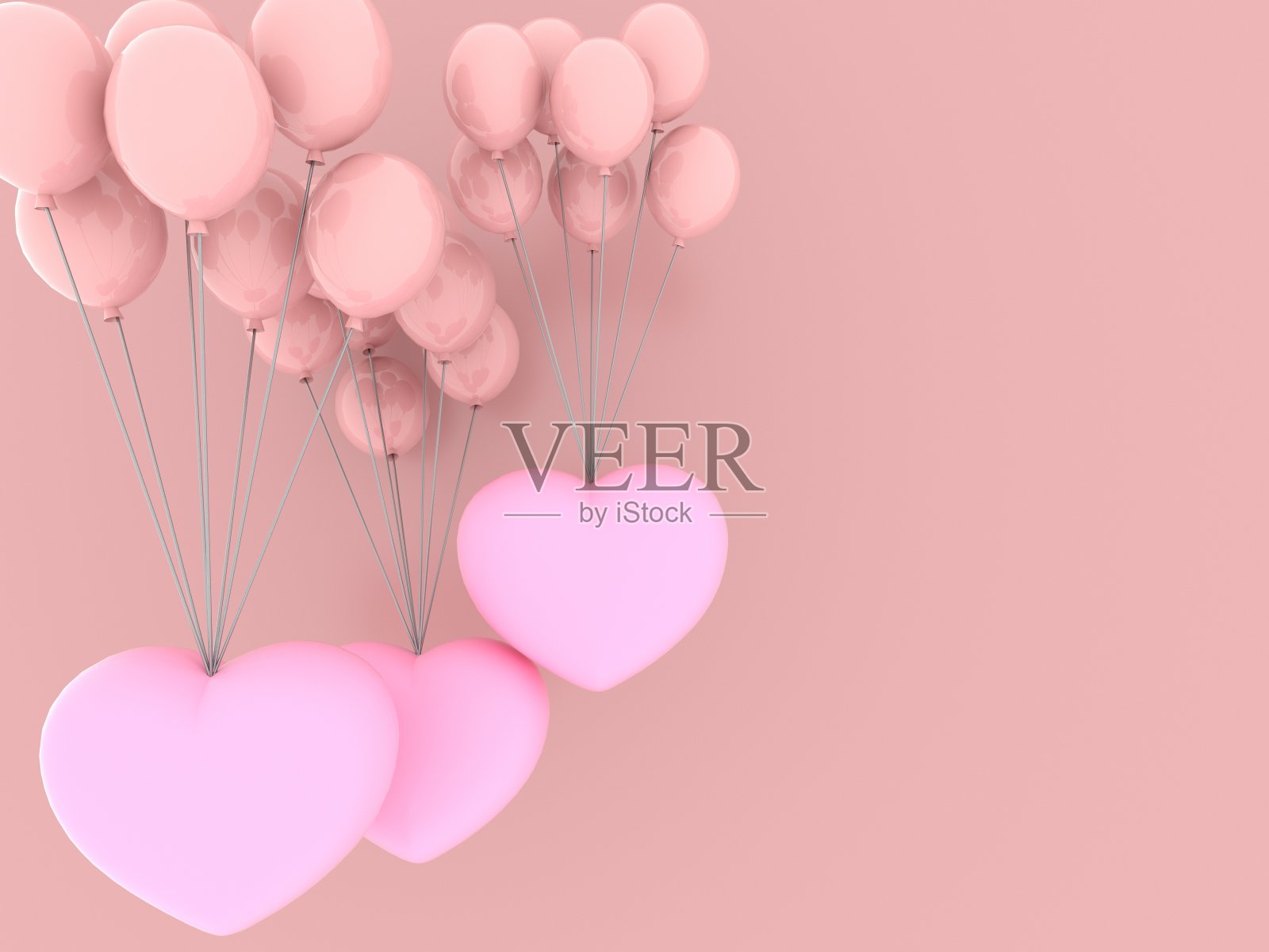 情人节。粉彩气球系在粉红色的心漂浮，传达爱，孤立在粉彩背景，最小的概念概念，插图，3D渲染。照片摄影图片