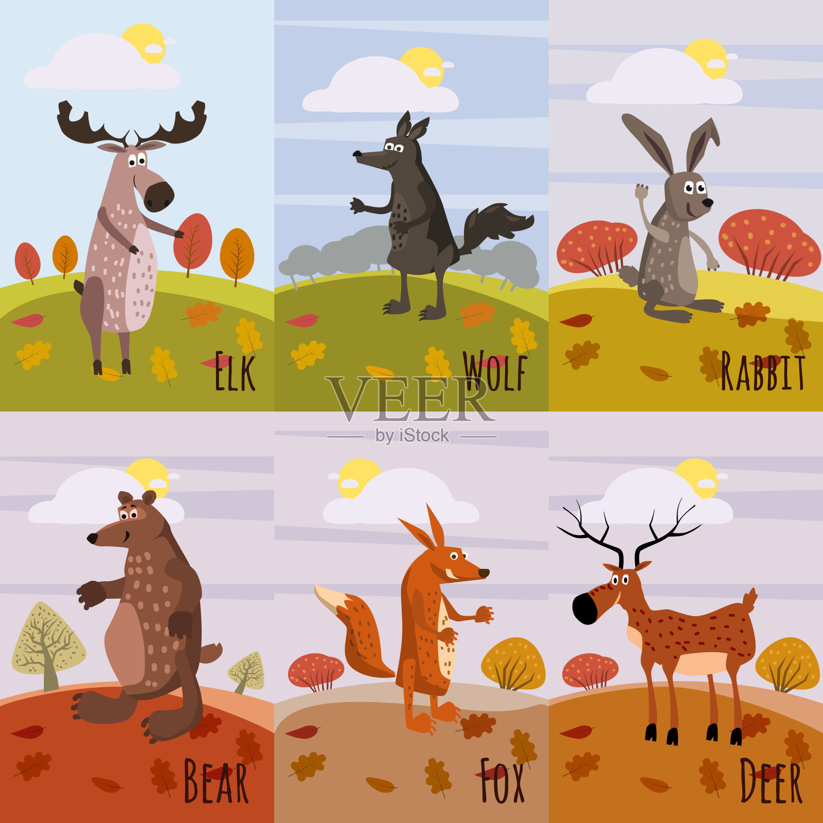 设置卡片林地动物和可爱的森林设计元素，鹿，狼，兔子，熊，狐狸，麋鹿，卡通风格，矢量，孤立插画图片素材