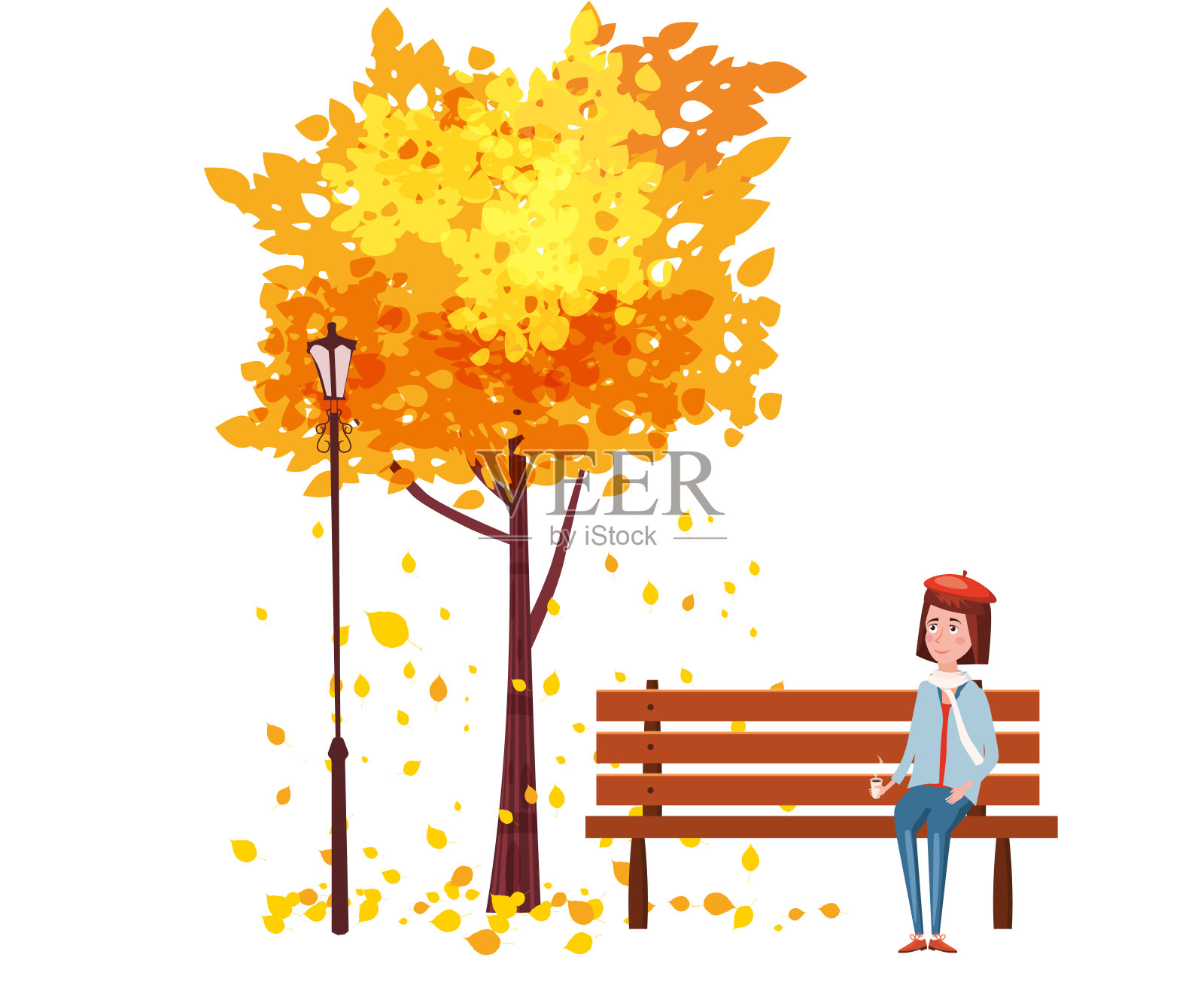 秋天，快乐的女孩坐在长椅上喝着咖啡，在一棵落叶飘落的树下，在一个公园里，矢量，插图，孤立插画图片素材