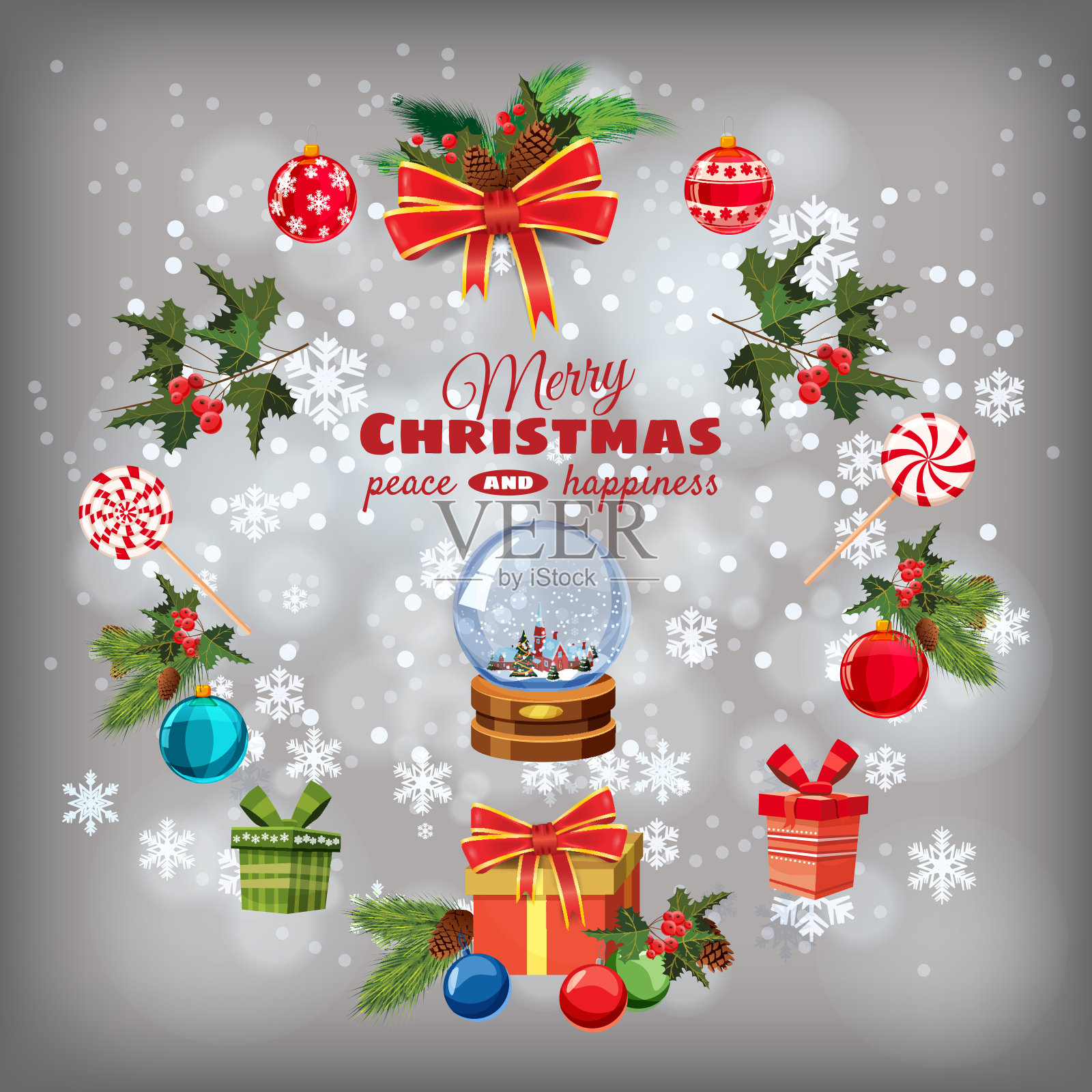 贺卡圣诞设置松枝，装饰品，糖果，丝带，雪花球，礼物盒，圣诞球。现实，脆弱的矢量元素设计贺卡，横幅，孤立，插图设计模板素材