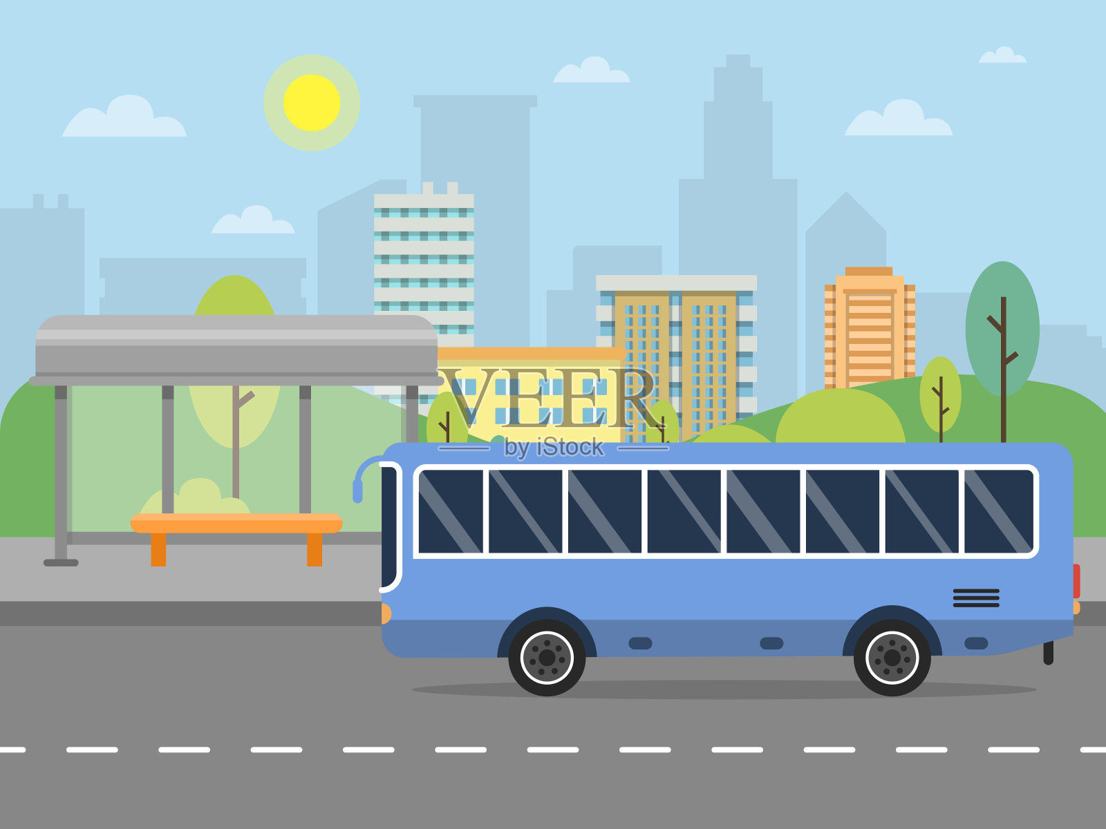 城市景观配公交车站插图插画图片素材