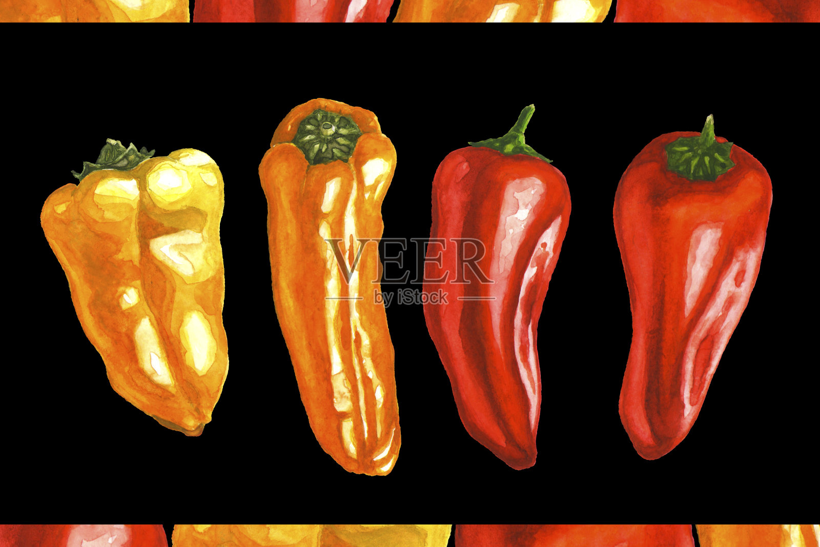 黄色，红色和橙色的小甜椒。新鲜的甜辣椒。手绘水彩插图孤立的黑色背景。用于菜单或食谱的设计元素插画图片素材
