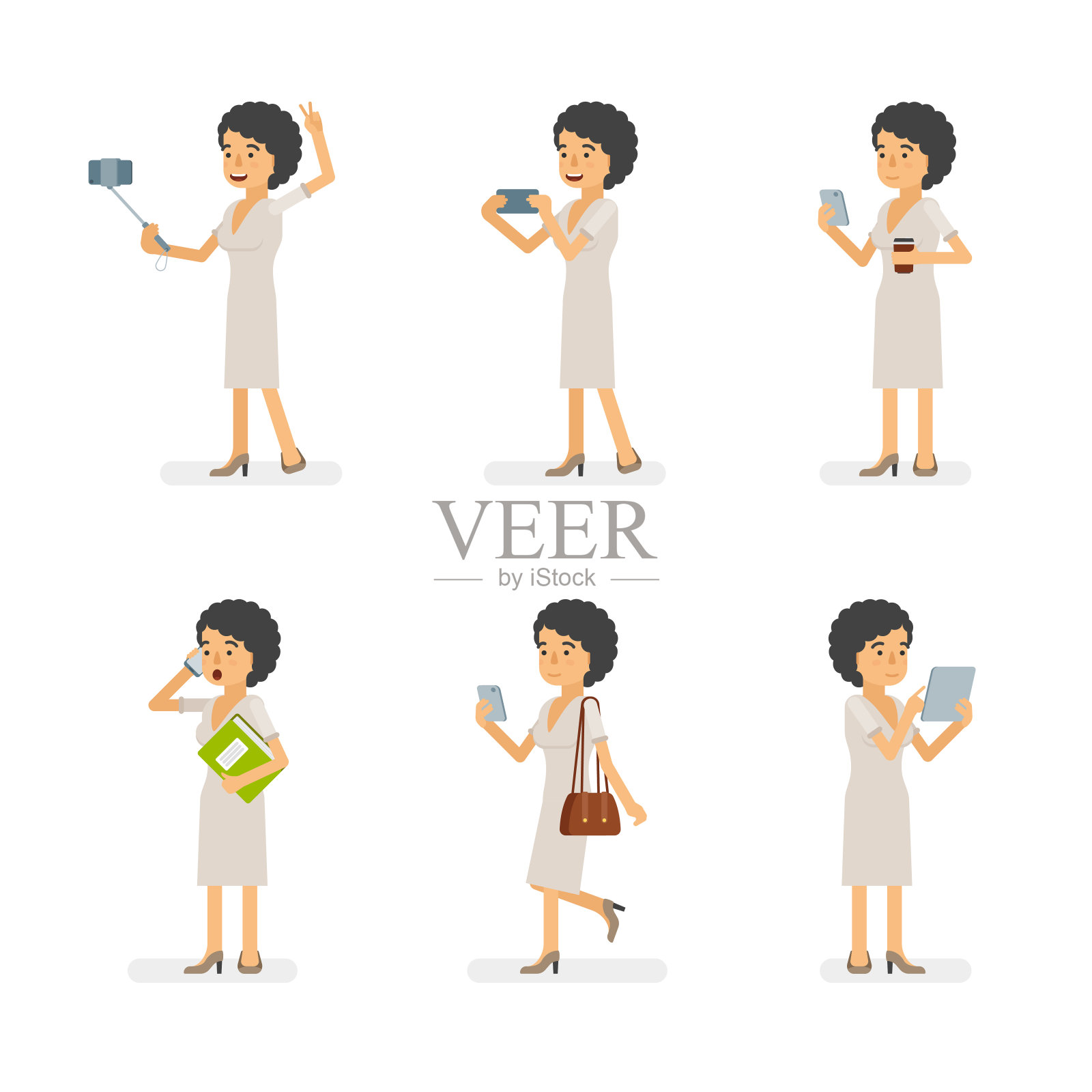 矢量年轻的成年妇女在穿着现成的字符小工具使用姿势设置在平面风格。插画图片素材