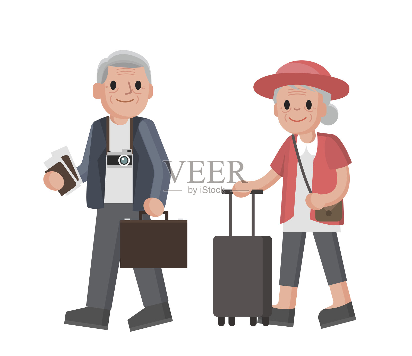 一对年老的游客。祖母和祖父带着行李箱在旅行。插画图片素材
