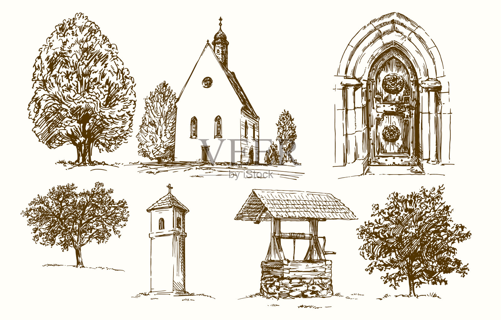 农村的国家教堂。手绘。设计元素图片