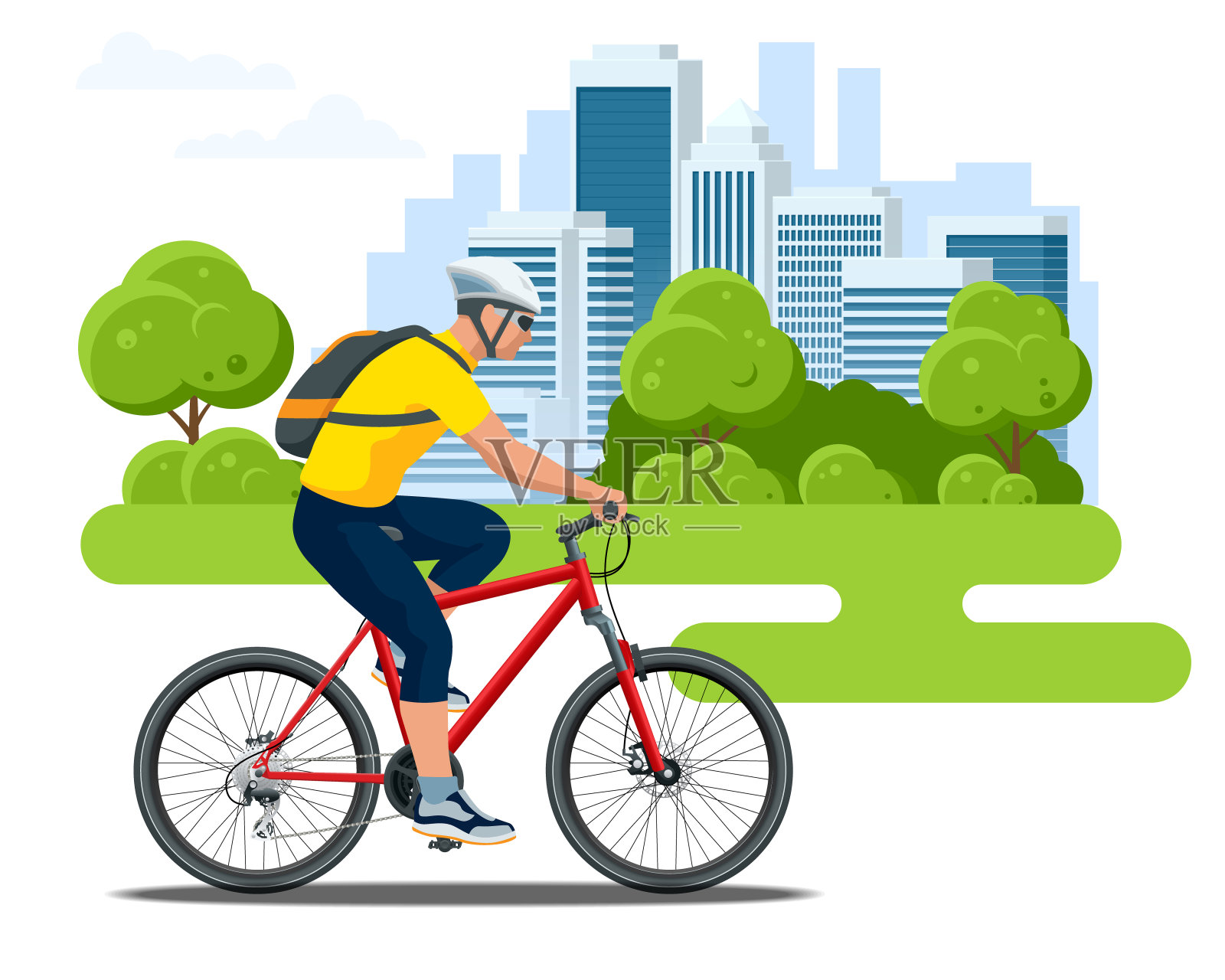 骑自行车的人在一个头盔上的城市背景的侧视图。健康的生活方式，环保的城市交通。设计元素图片