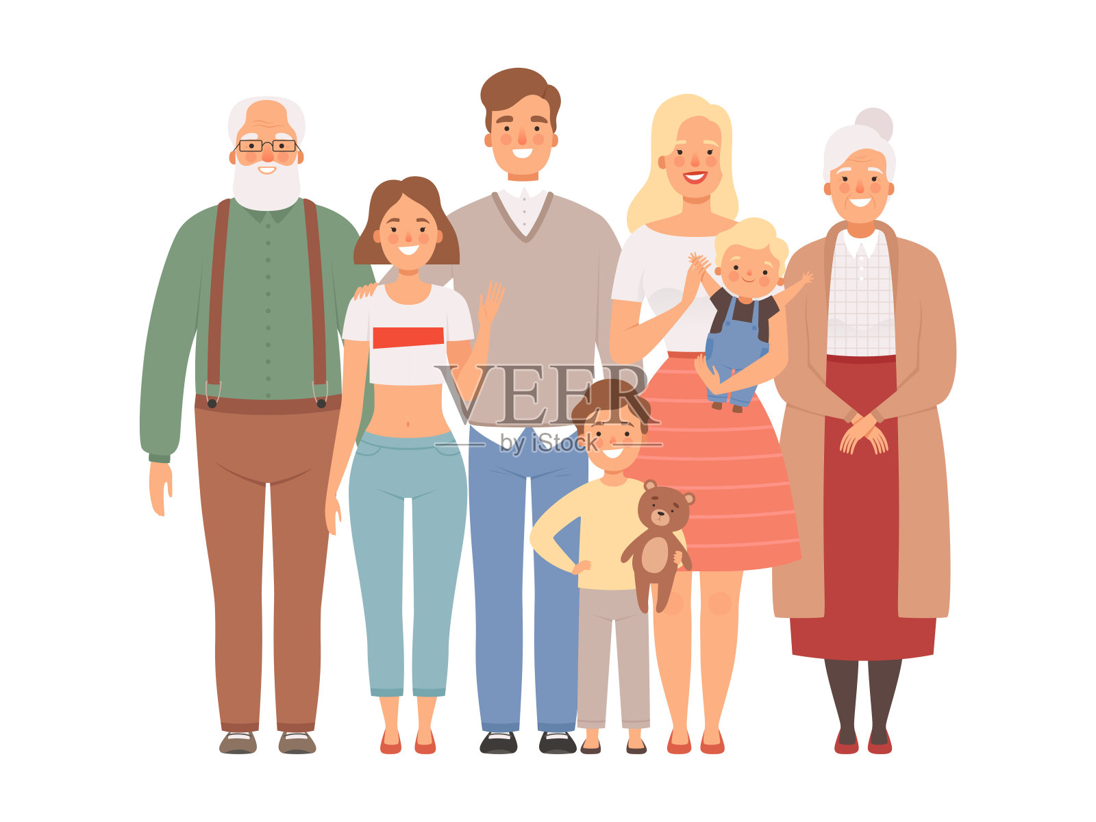 幸福的家庭。妈妈爸爸孩子和爷爷奶奶站在一起矢量大全家福设计元素图片
