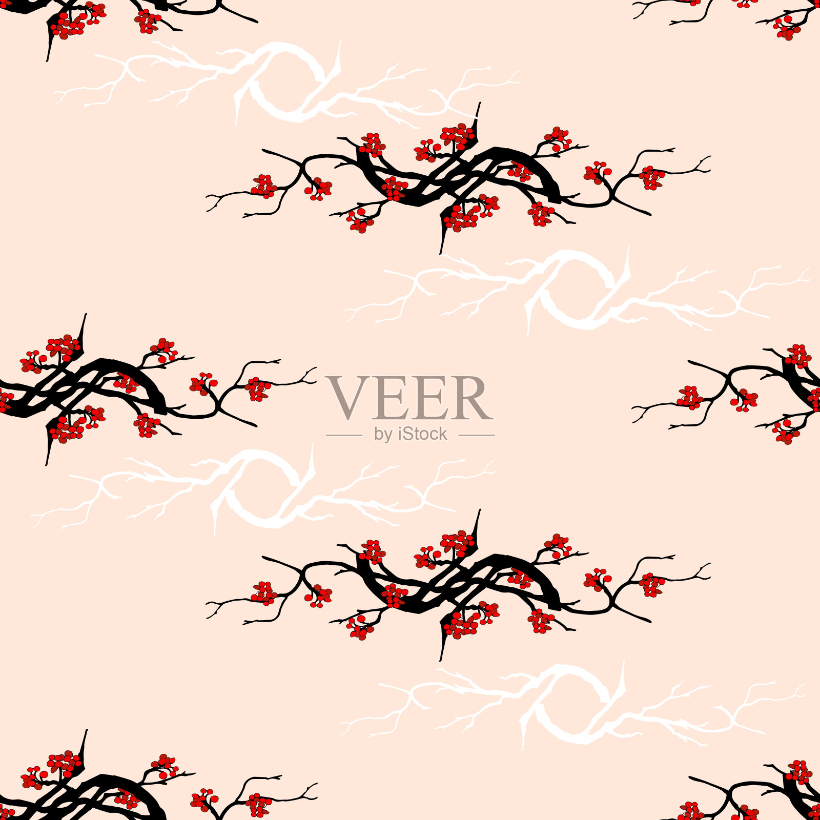 精致的日式模式。粉红色背景上有花朵的树枝，织物、瓷砖、床上用品和纸上有淡淡的东方图案。插画图片素材