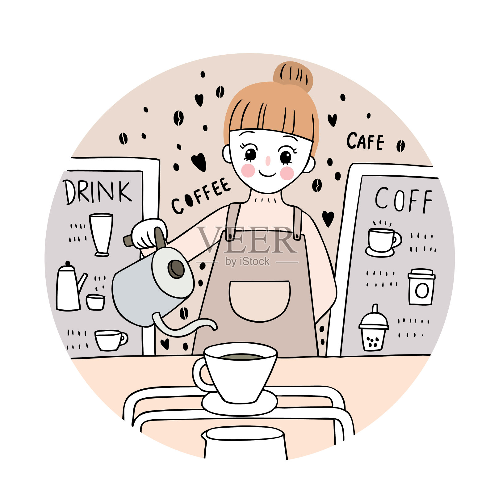 卡通可爱的咖啡馆，女人和咖啡向量。插画图片素材