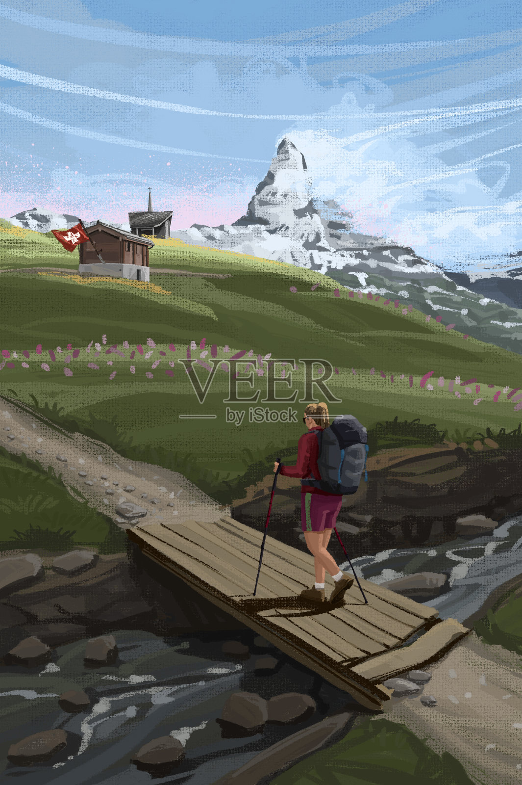 瑞士阿尔卑斯山马特洪山和女性徒步旅行者插画图片素材