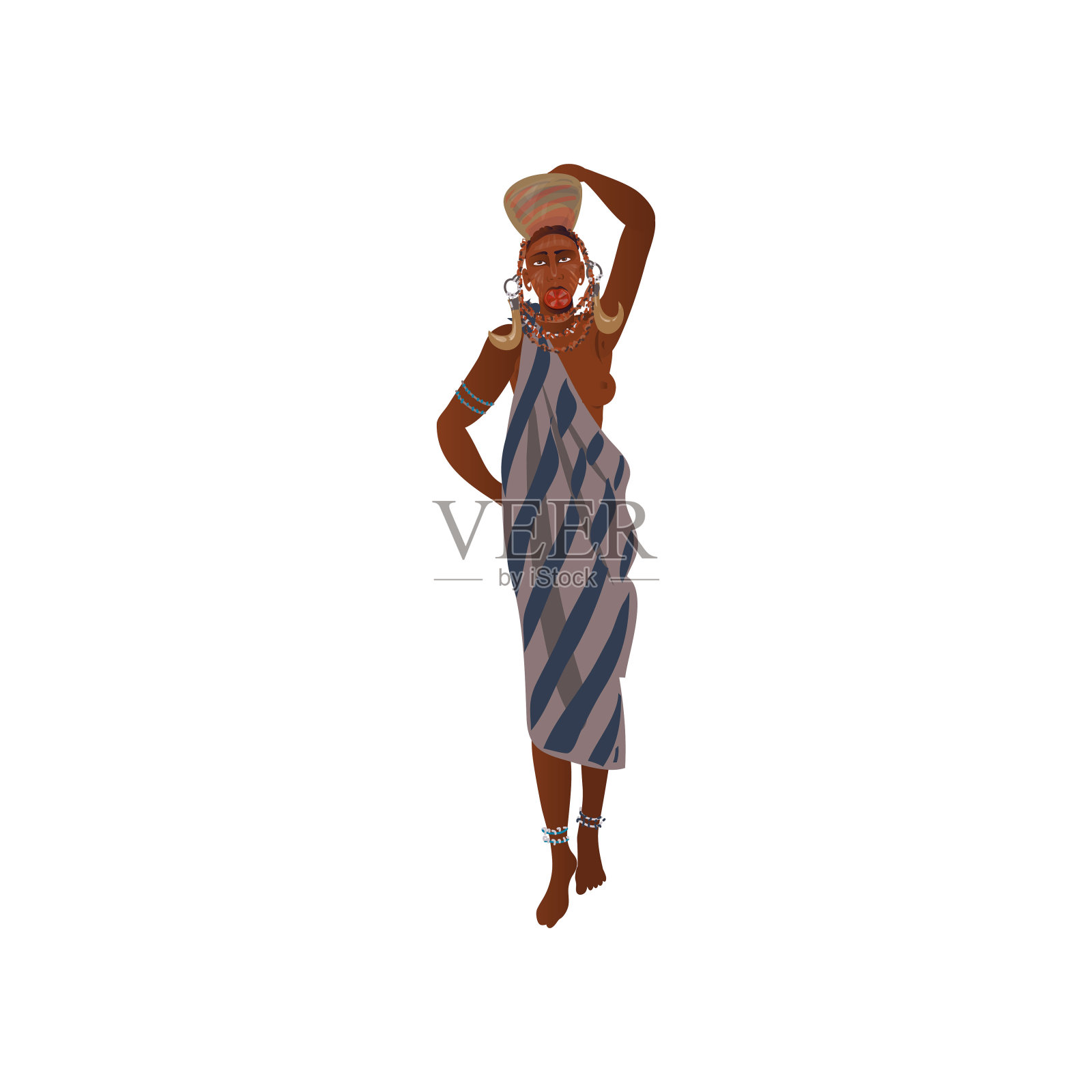 可爱的非洲土著妇女，头上戴着陶瓷罐插画图片素材