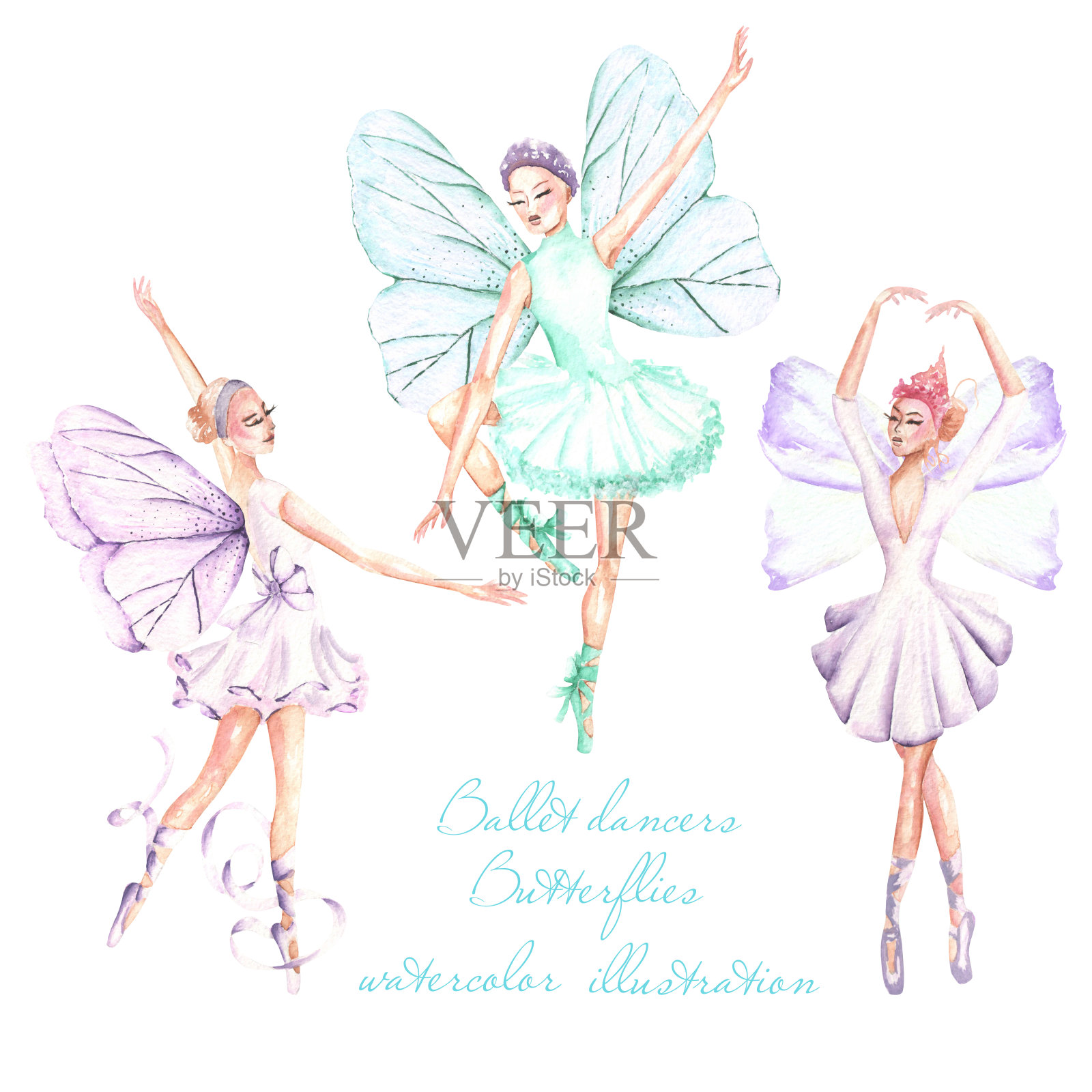 集，收集水彩芭蕾舞者与蝴蝶翅膀的插图，手绘孤立在白色的背景插画图片素材