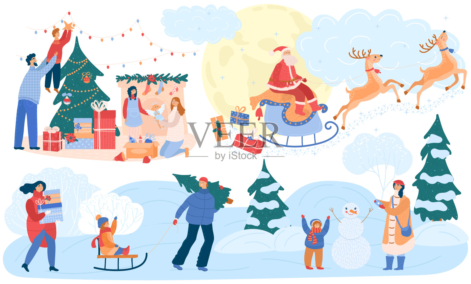 全家欢度圣诞，冬季户外卡通时光插画图片素材