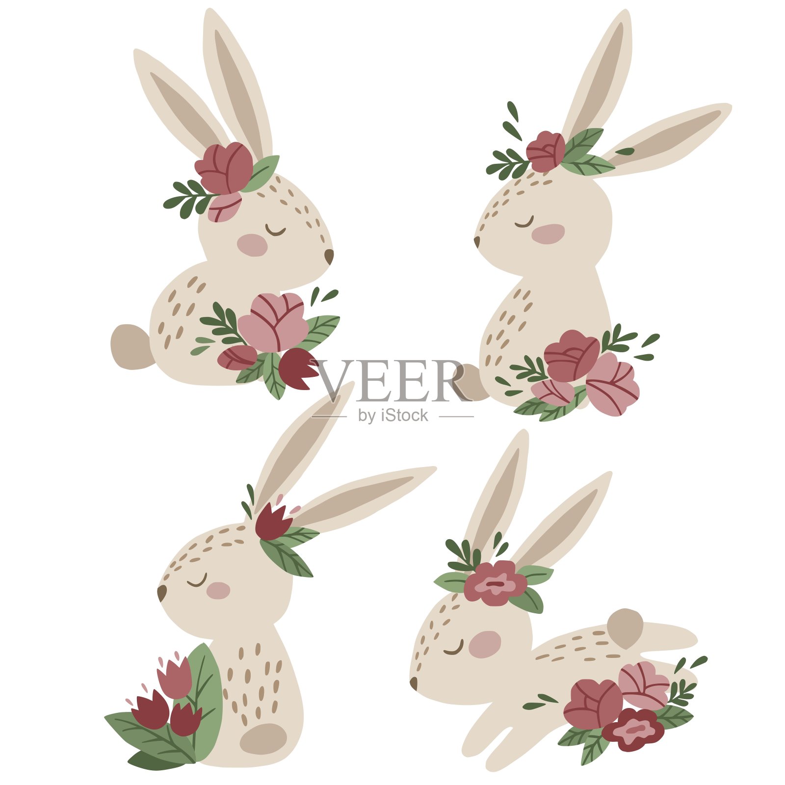 一套可爱的卡通兔子与粉红色的花朵。插画图片素材