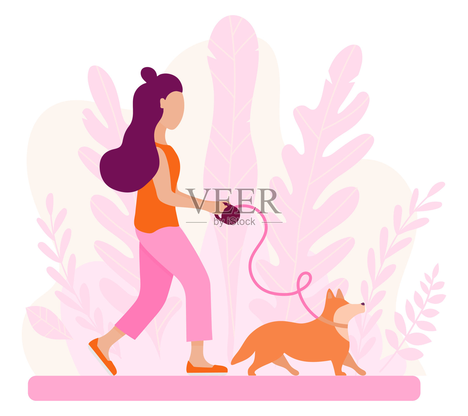 向量抽象的粉色背景和女孩与柯基狗散步。春天的插画创造浪漫的心情。插图为宠物主人，宠物商店，狗保姆。图形在平面风格手绘。插画图片素材