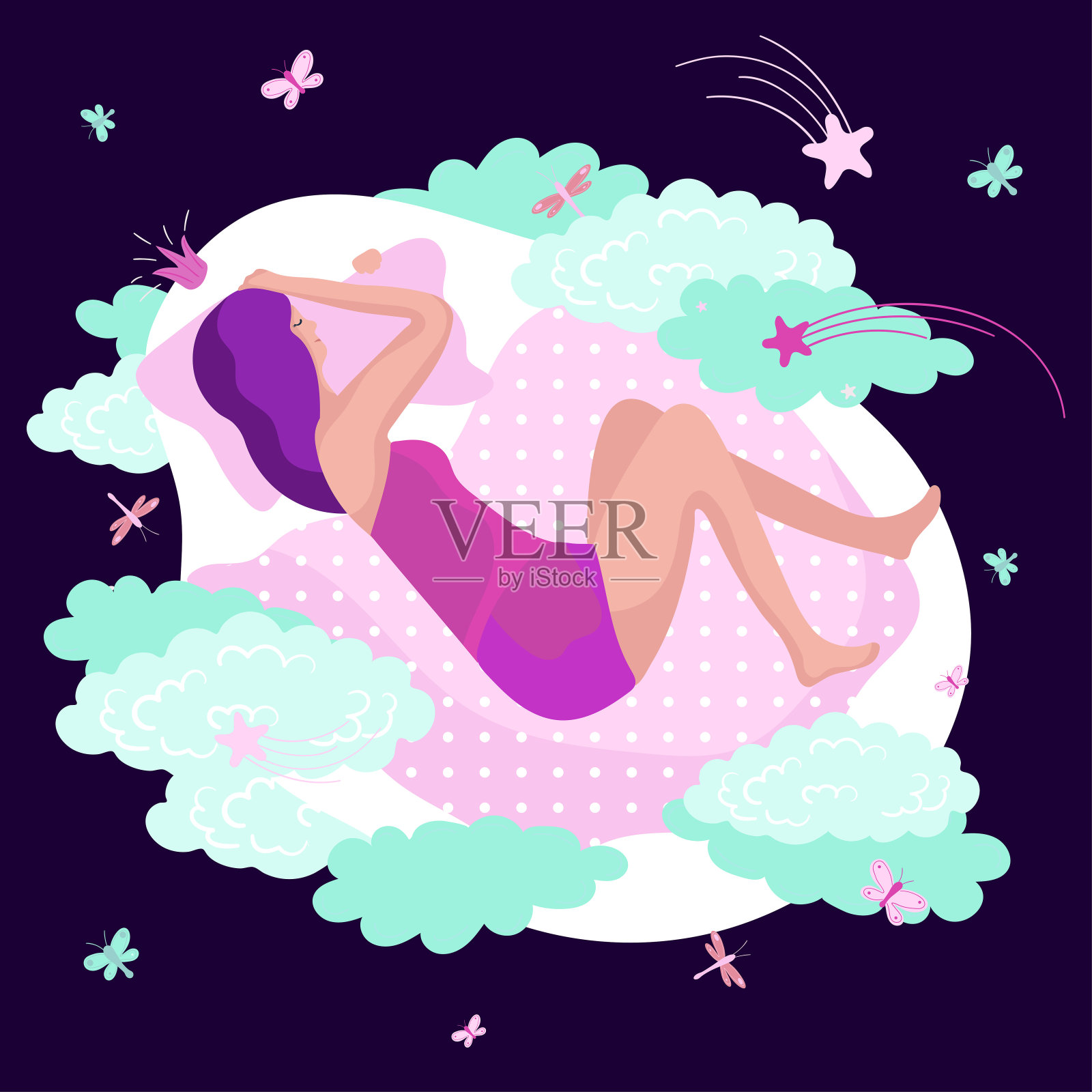 女人睡觉和做梦，睡前概念，矢量插图插画图片素材