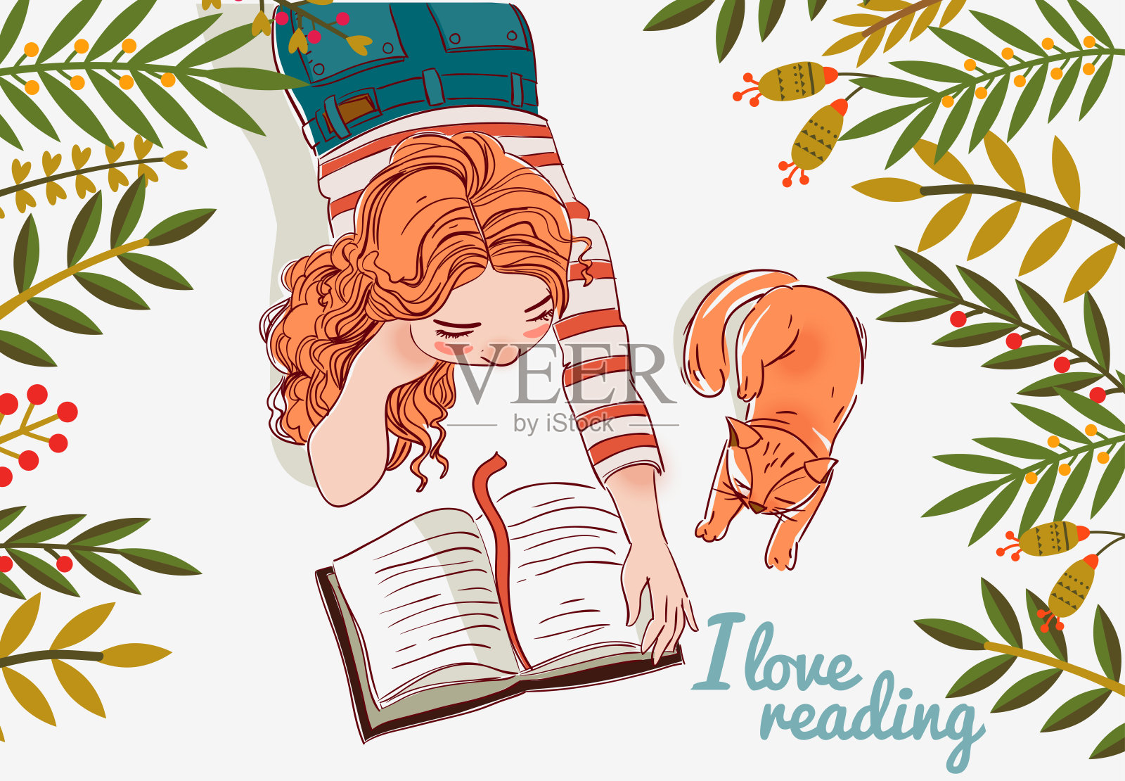 小女孩和猫在花园里。女孩在看书。自然景观背景。暑假插图。休假时间插画图片素材