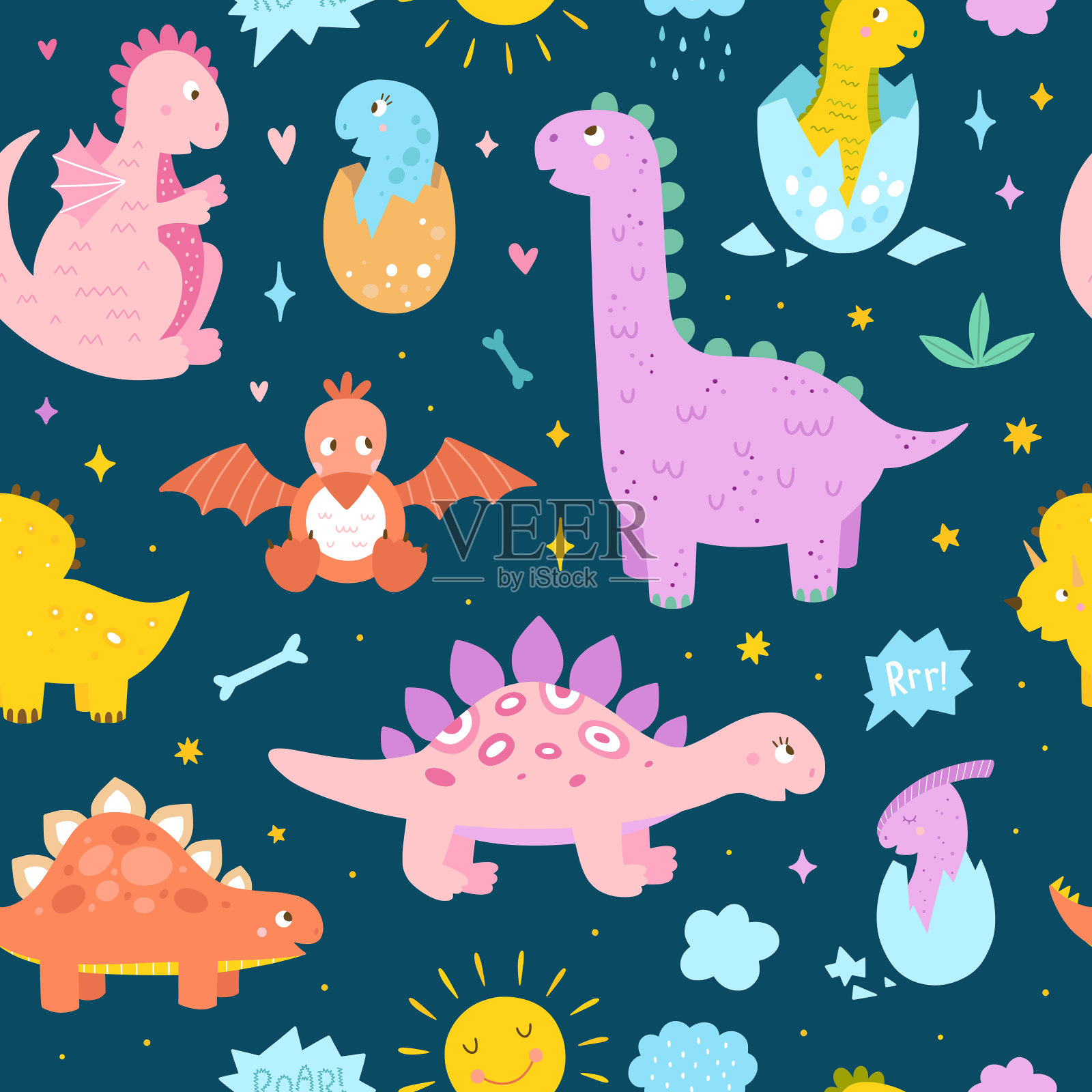 恐龙无缝图案适合儿童设计。矢量背景与可爱的野生动物插画图片素材